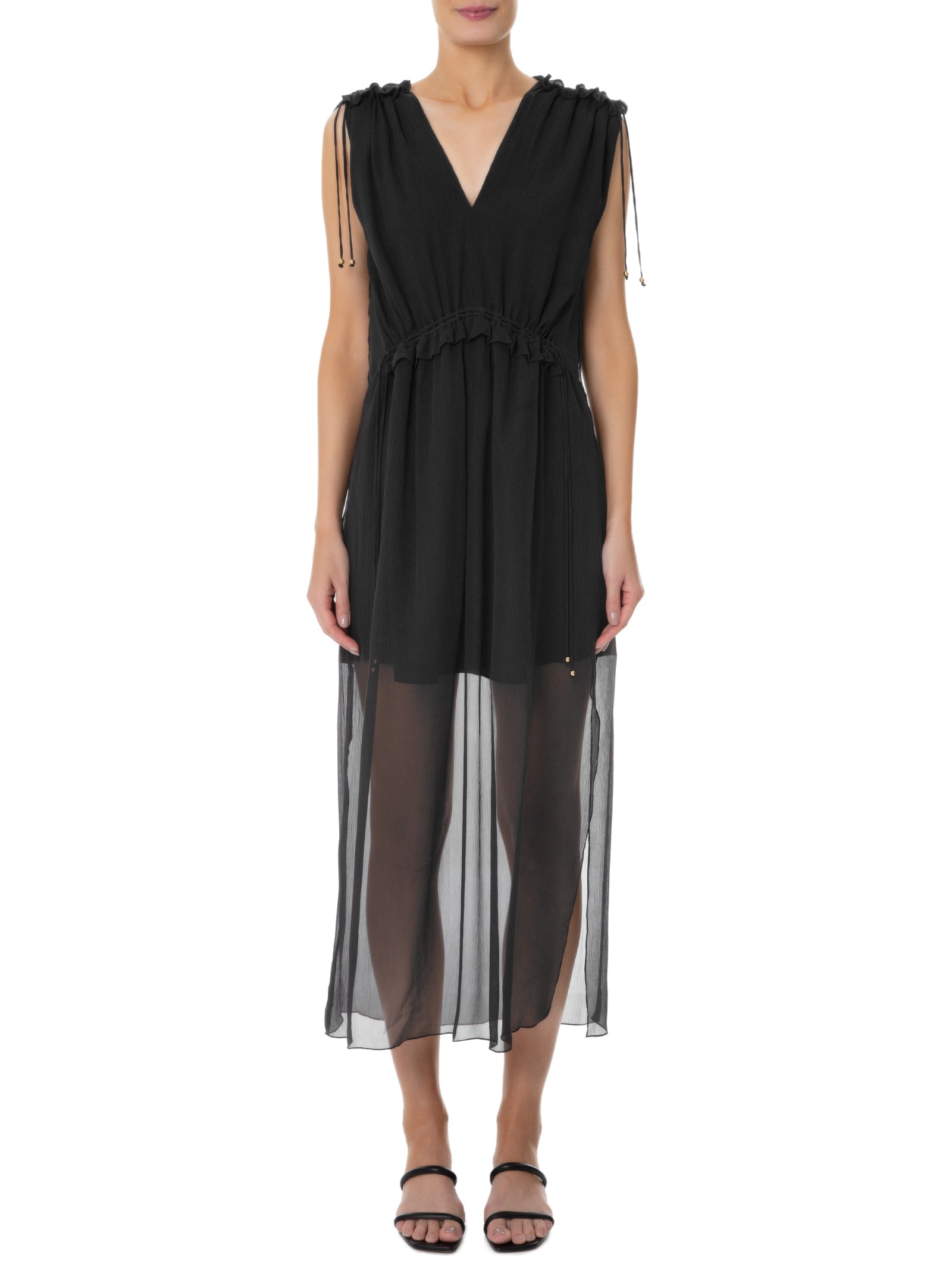 Vestido Midi Em Seda Pura Com Canaletas Preto '2Essential
