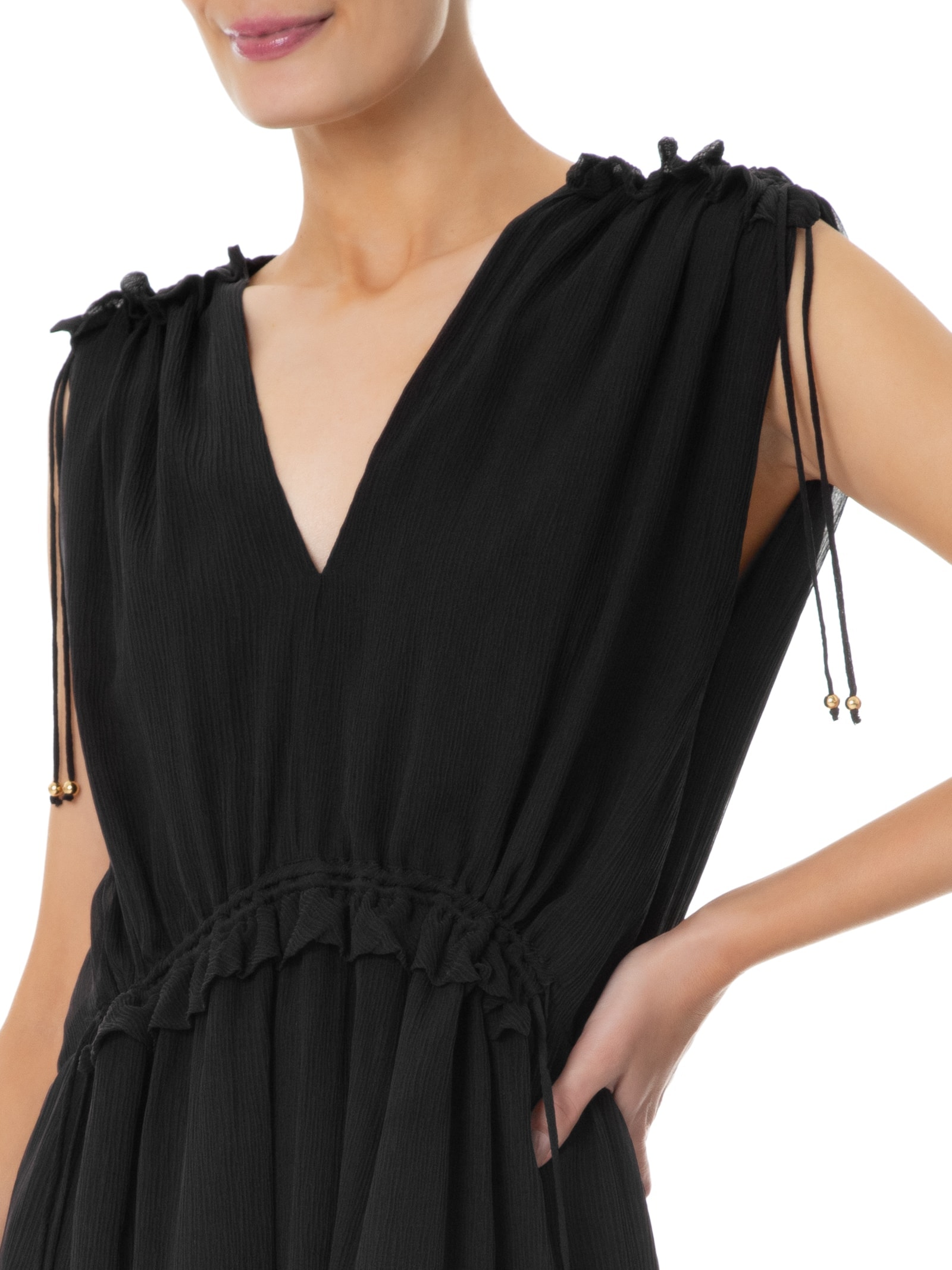 Vestido Midi Em Seda Pura Com Canaletas Preto '2Essential
