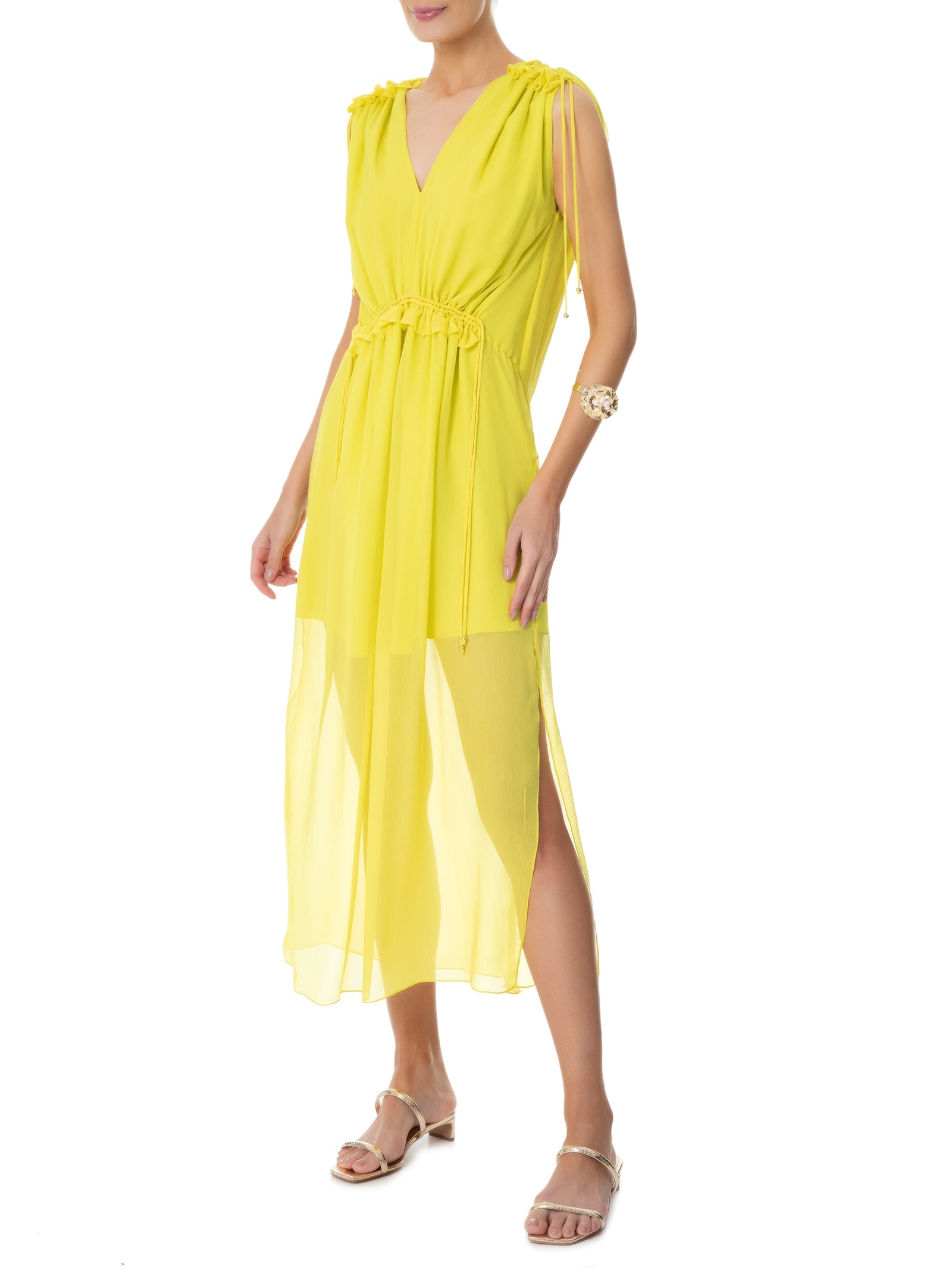 Vestido Midi Em Seda Pura Com Canaletas Verde '2Essential