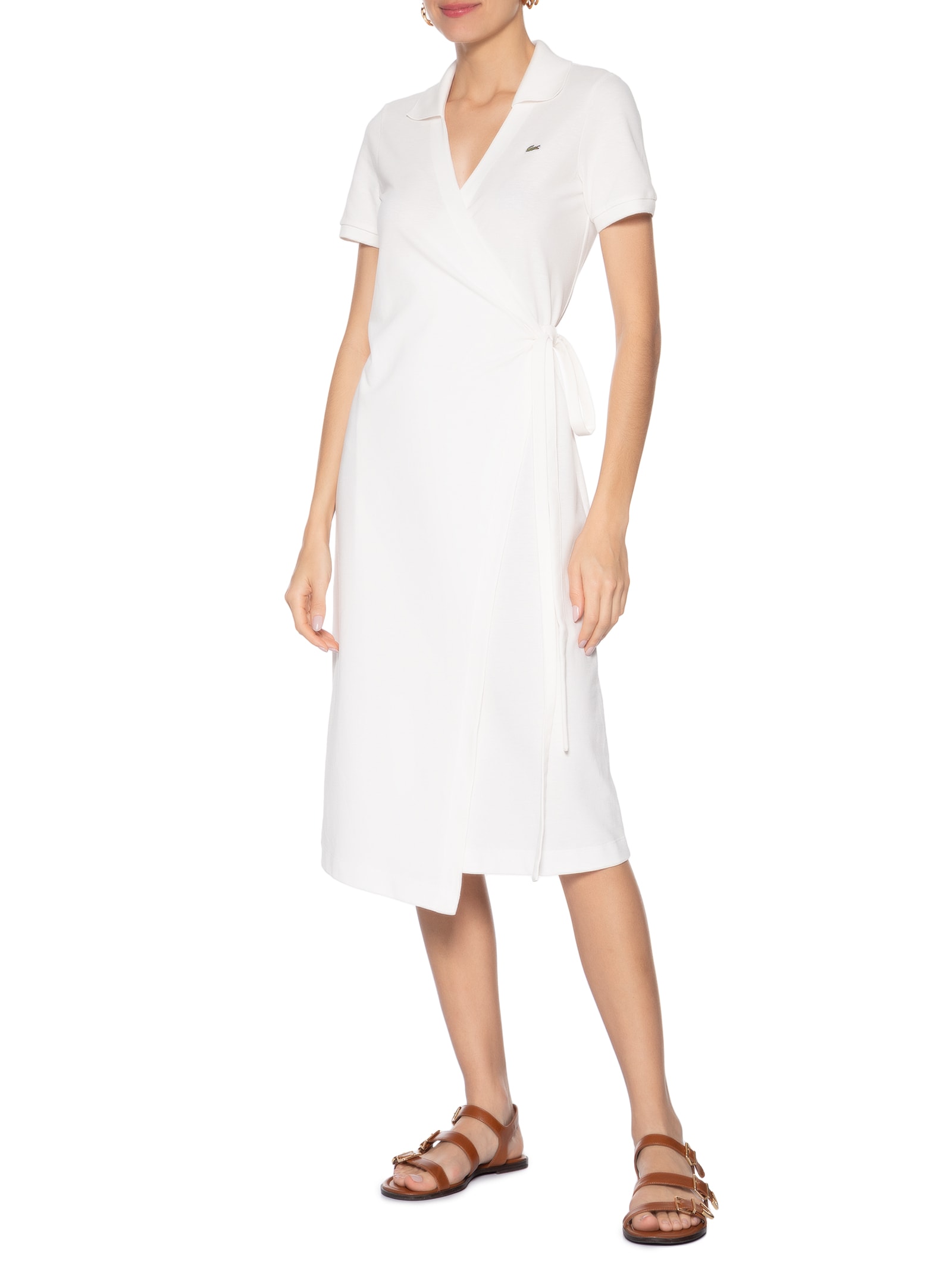 Vestido Midi Envelope Piquet Com Linho Branco Lacoste