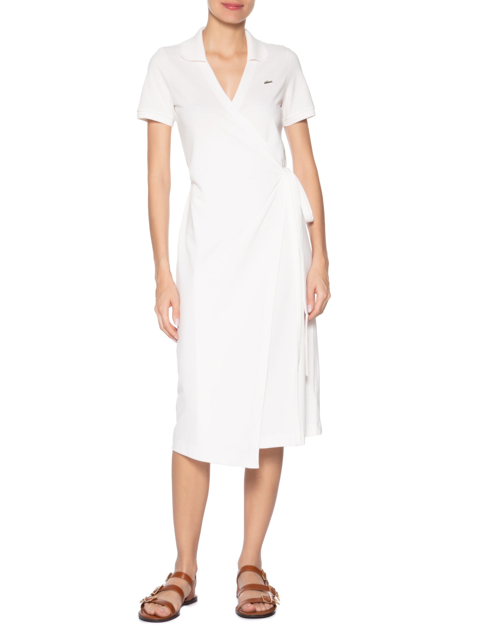Vestido Midi Envelope Piquet Com Linho Branco Lacoste