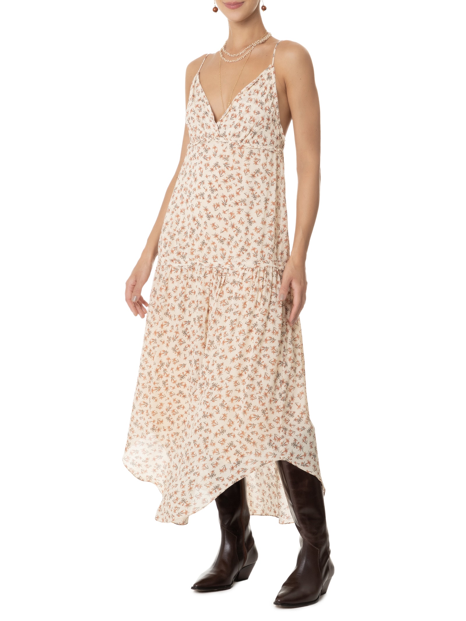 Vestido Midi Estampa Magnolia Floral  Bege  Maria Filó