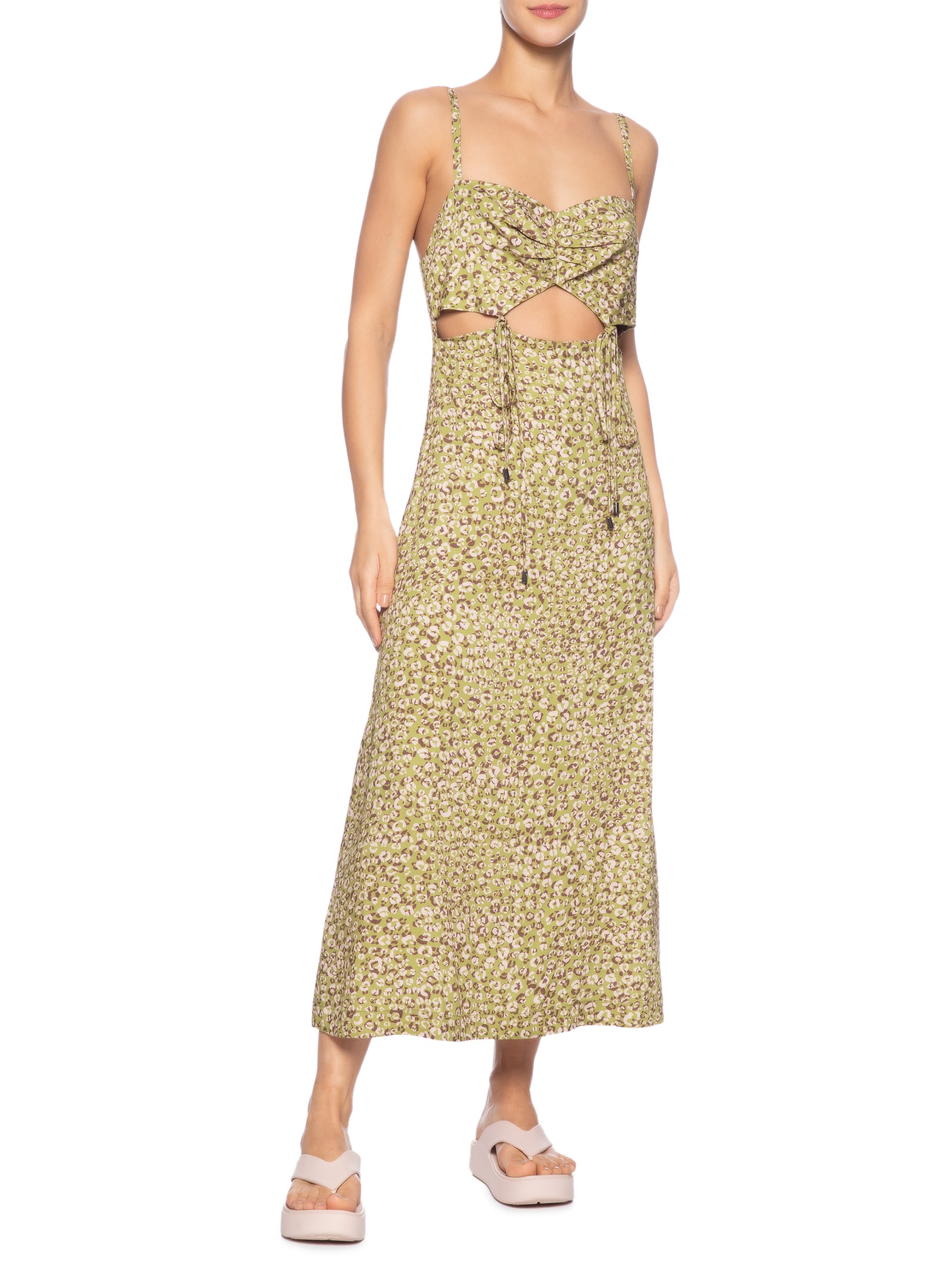 Vestido Midi Estampa Onça Duo Oasis e Mink Verde Animale Jeans