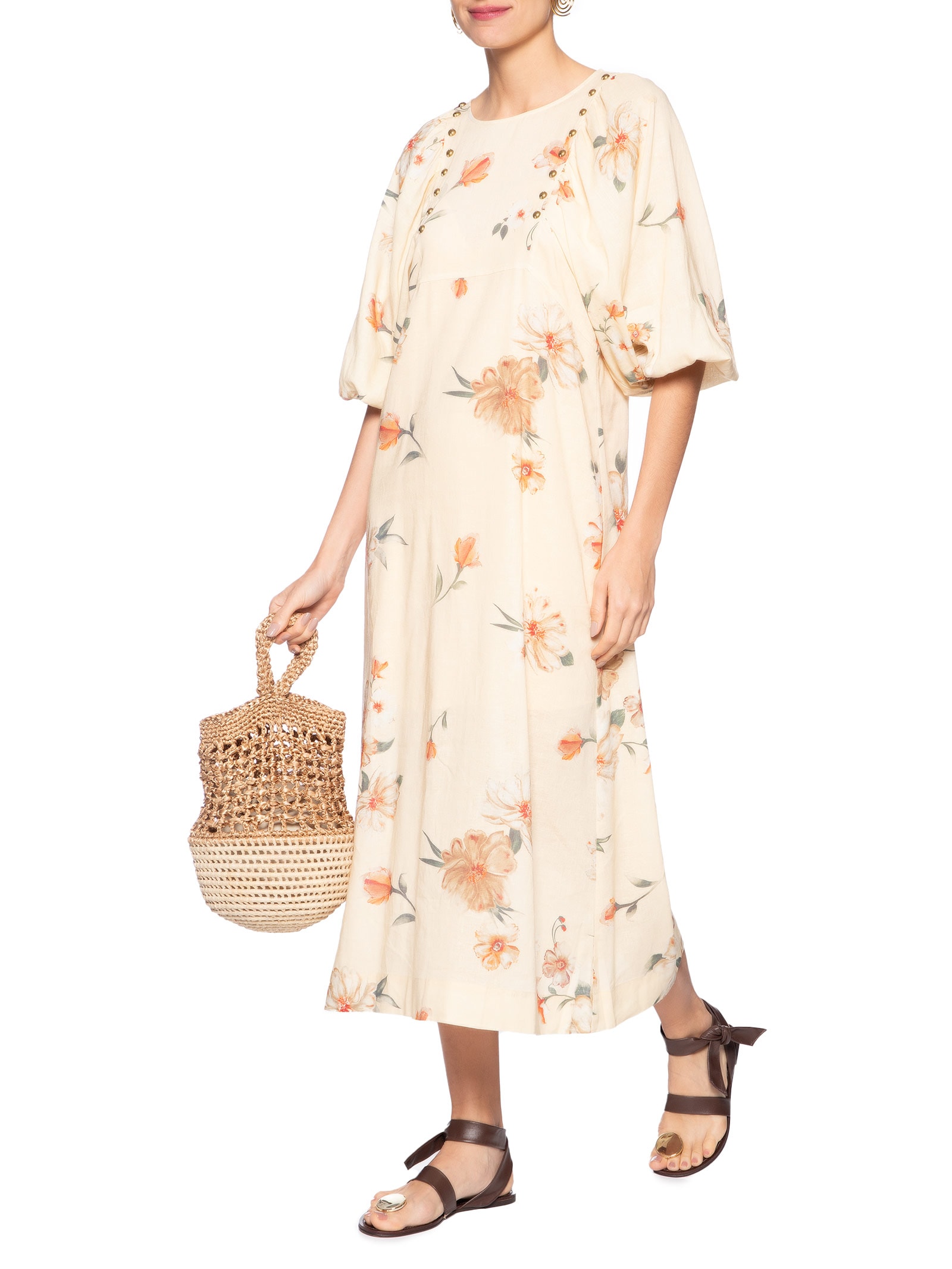 Vestido Midi Estampa Poppy  Amarelo  Maria Filó