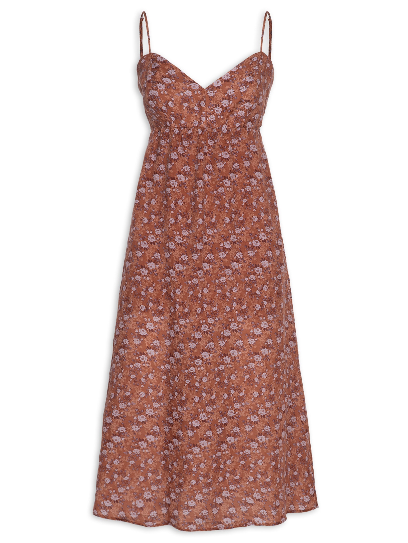 Vestido Midi Estampa Roses Marrom Maria Filó