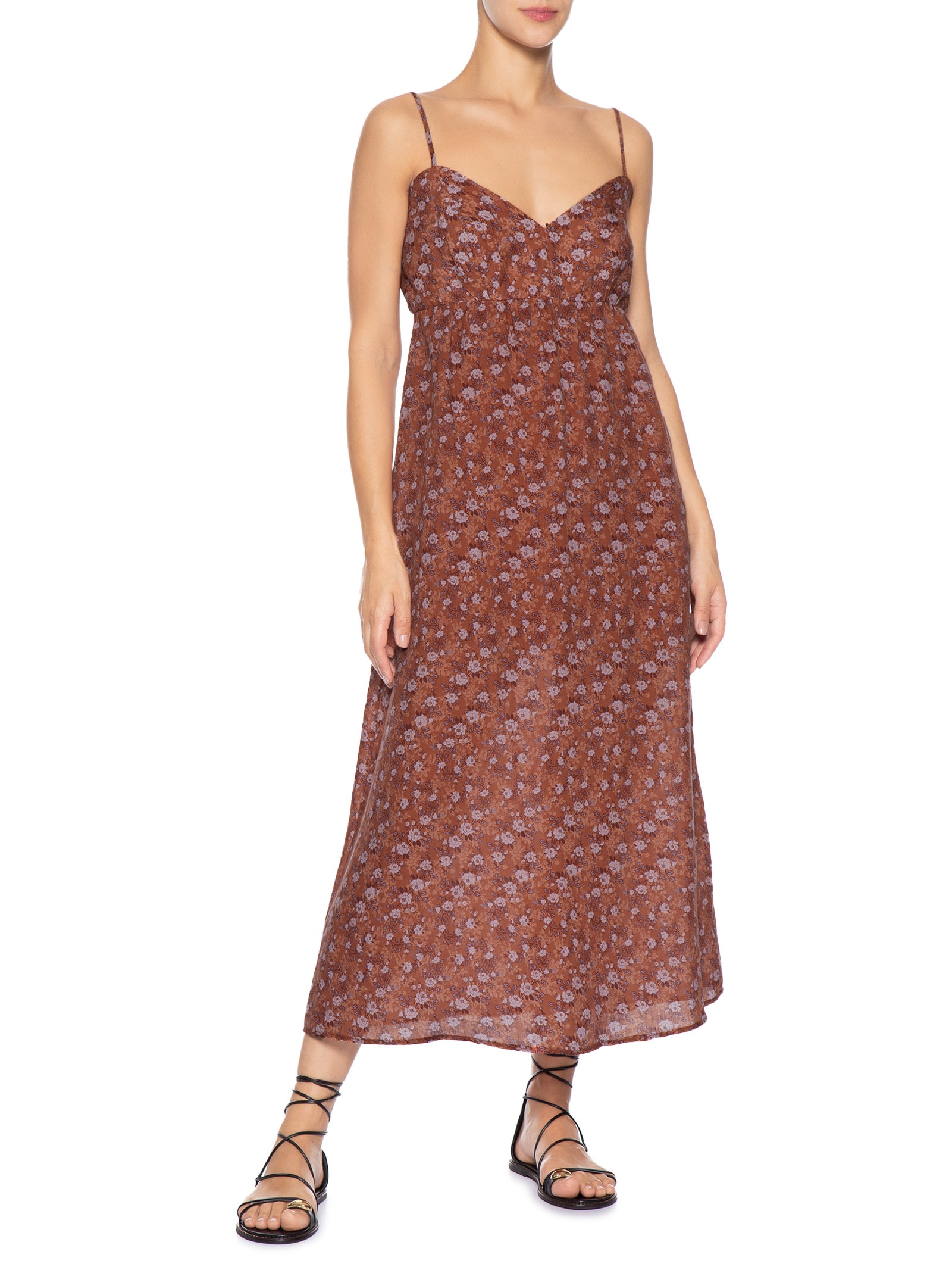 Vestido Midi Estampa Roses Marrom Maria Filó