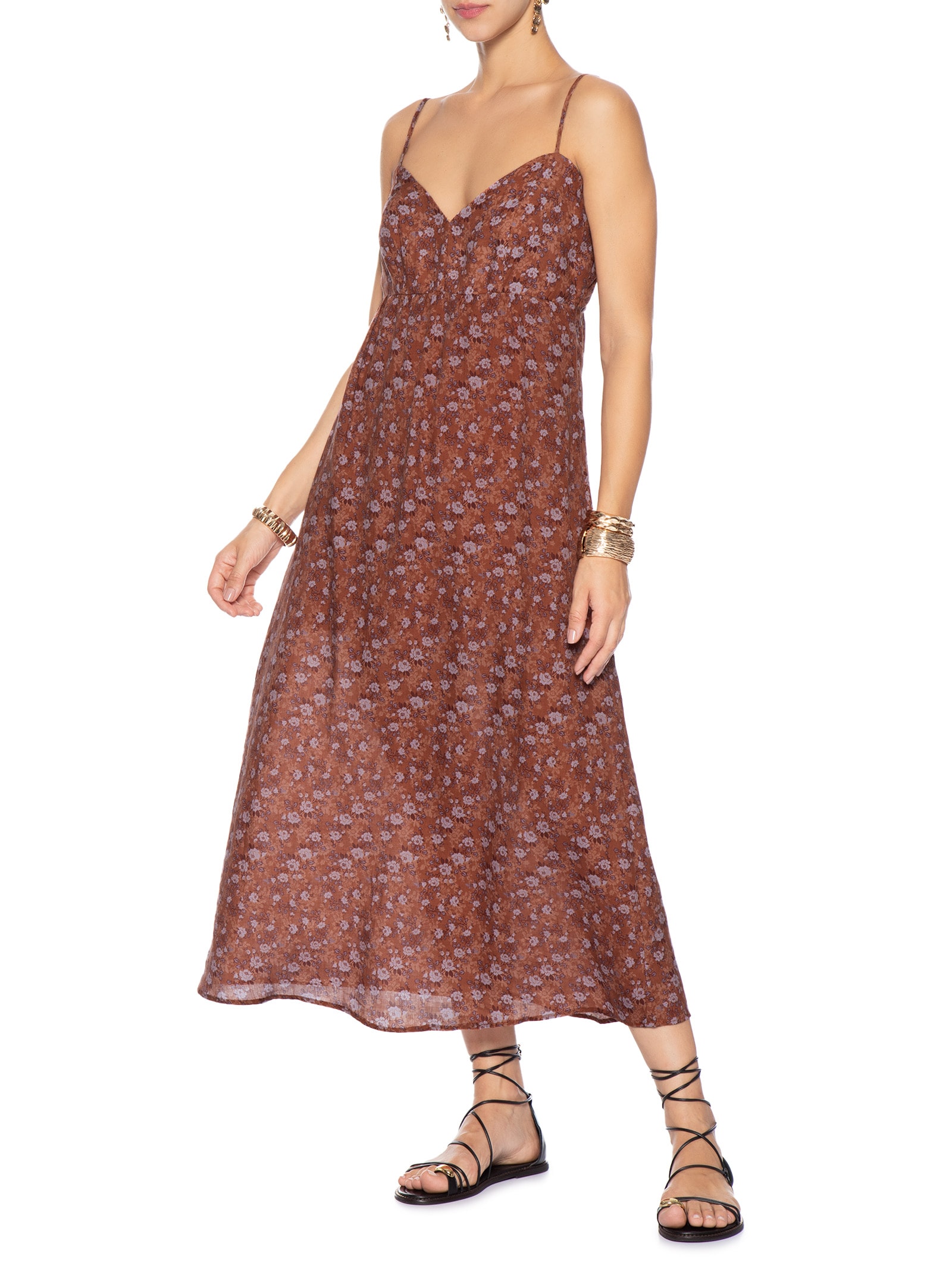 Vestido Midi Estampa Roses Marrom Maria Filó