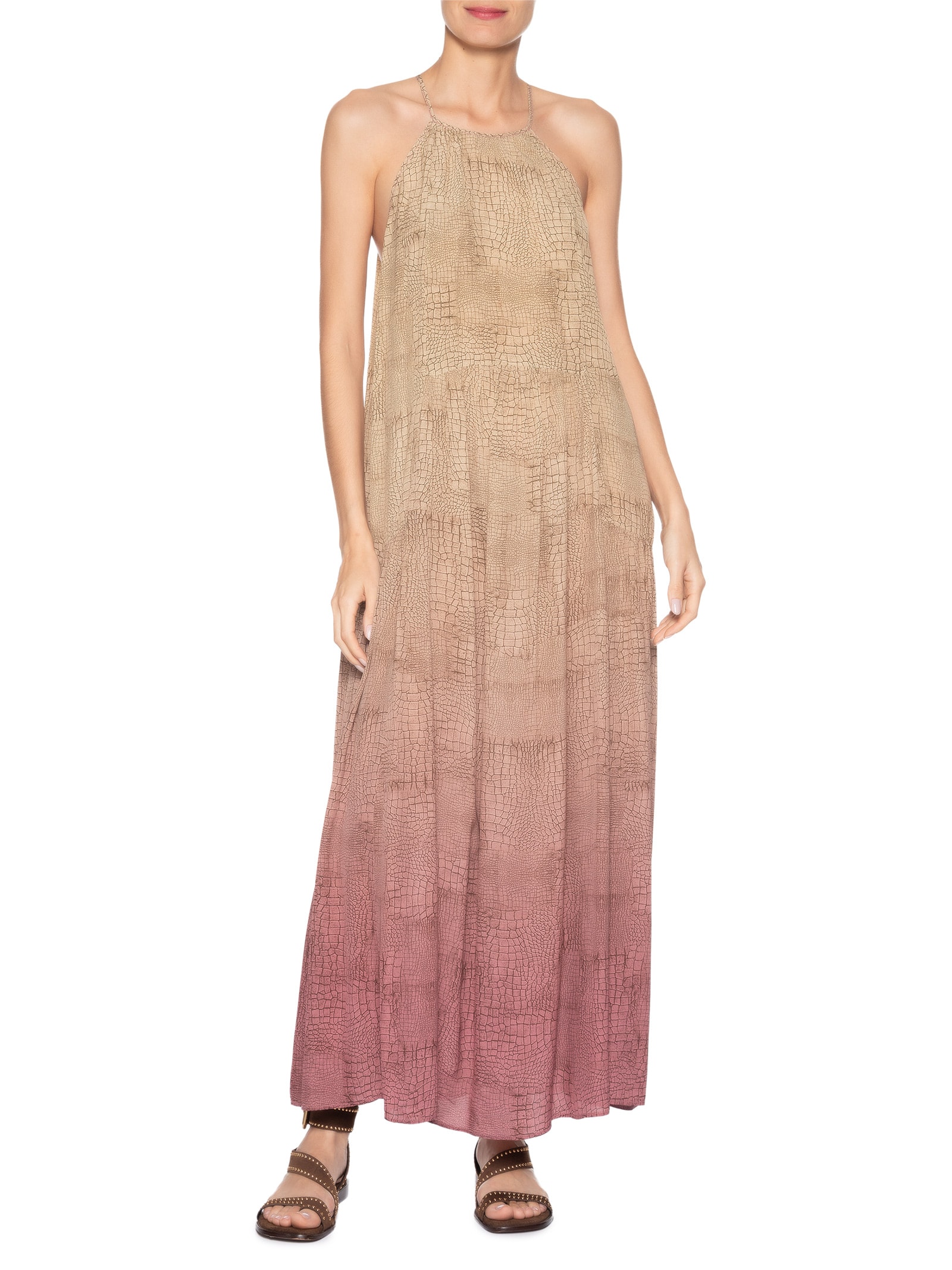 Vestido Midi Estampado Bege Animale