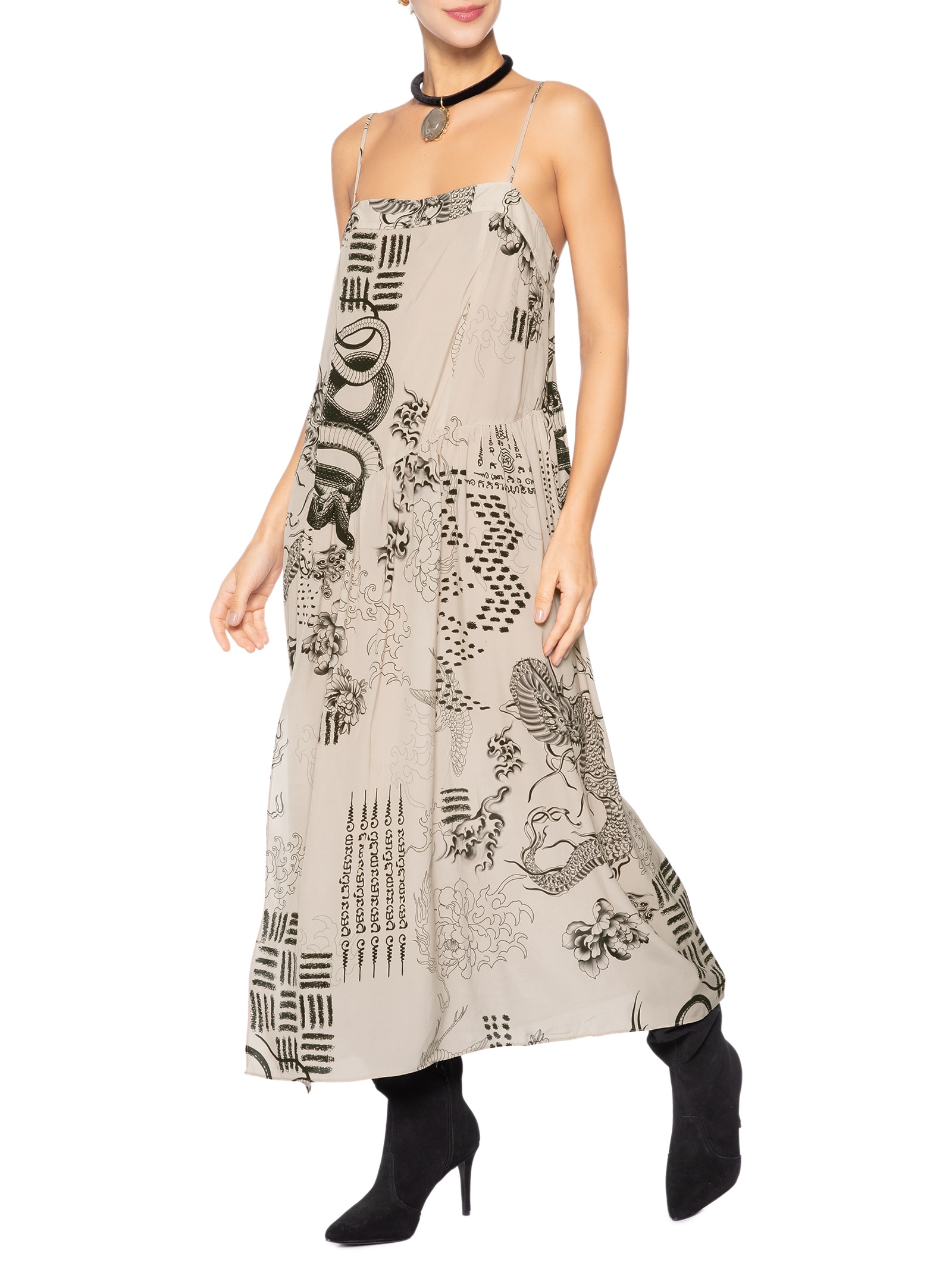 Vestido Midi Estampado Bege Animale