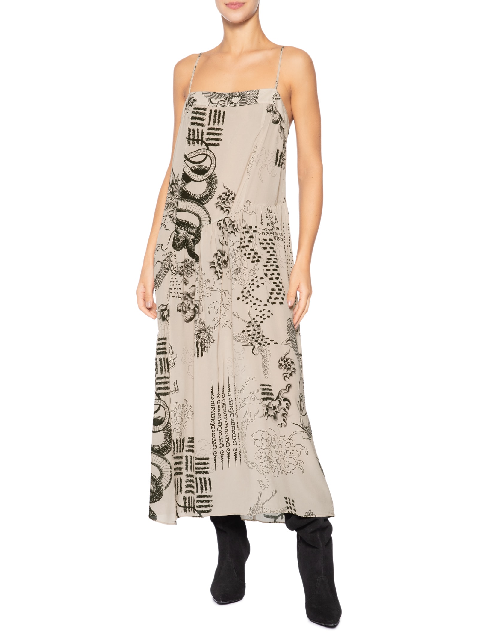 Vestido Midi Estampado Bege Animale