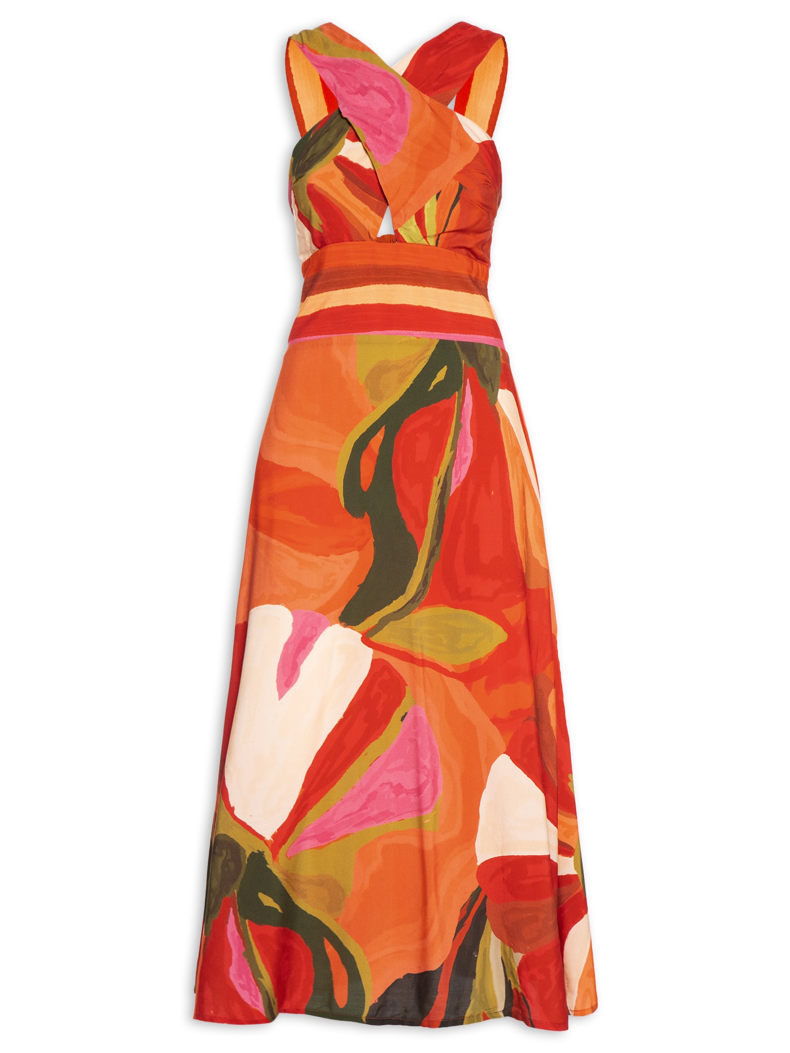 Vestido Midi Estampado Decote Transpassado Laranja Cacay