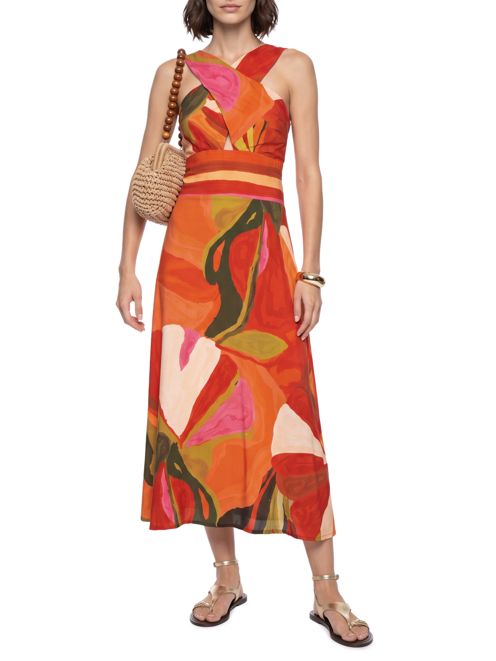 Vestido Midi Estampado Decote Transpassado Laranja Cacay