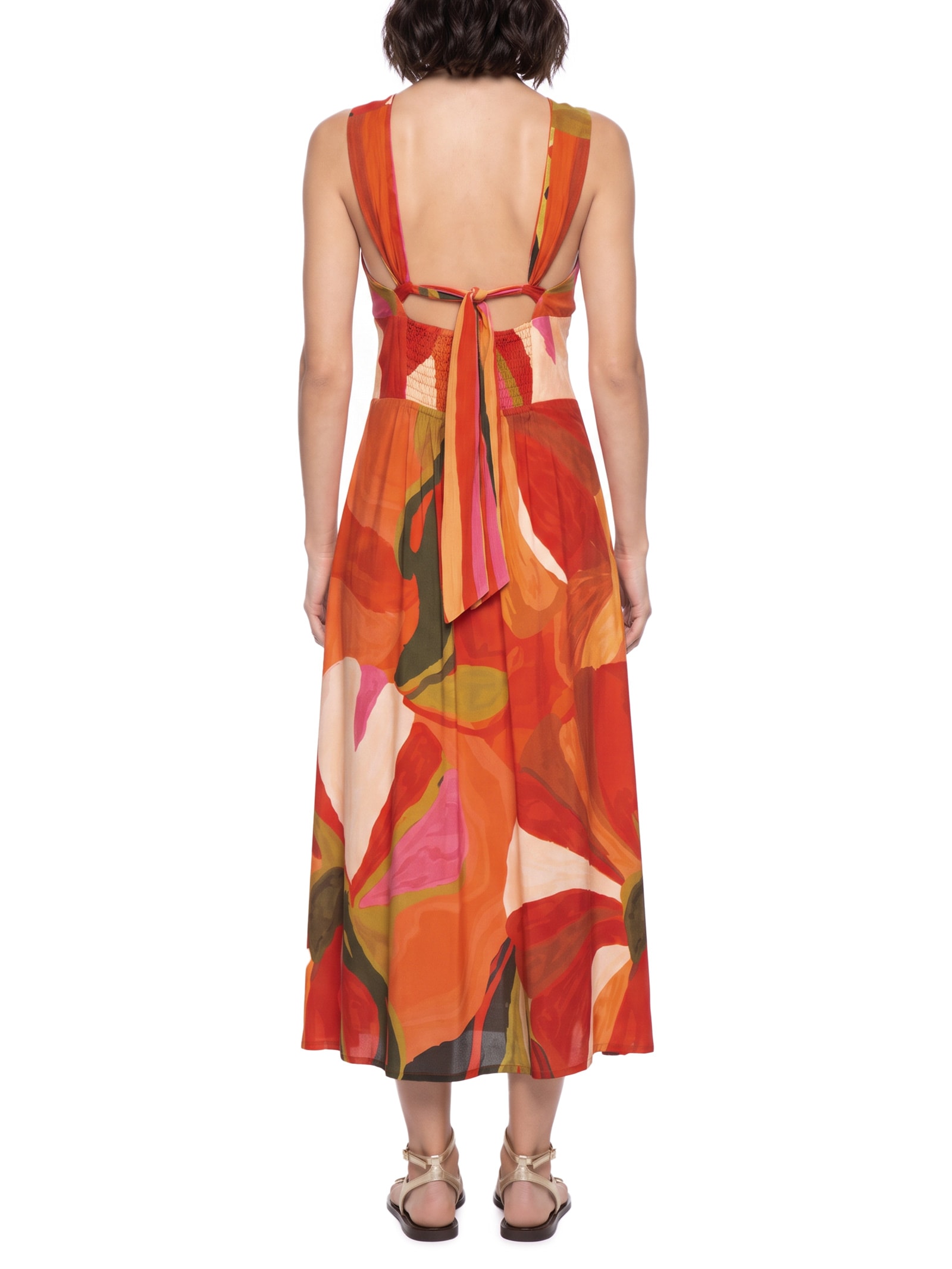 Vestido Midi Estampado Decote Transpassado Laranja Cacay
