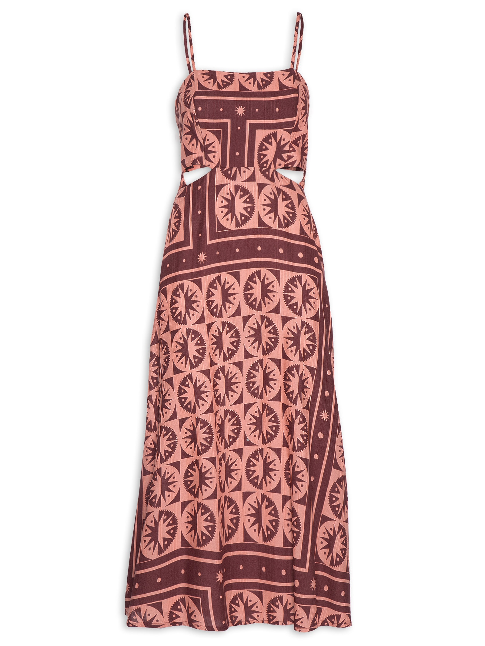 Vestido Midi Estampado Recortes Marrom Cacay