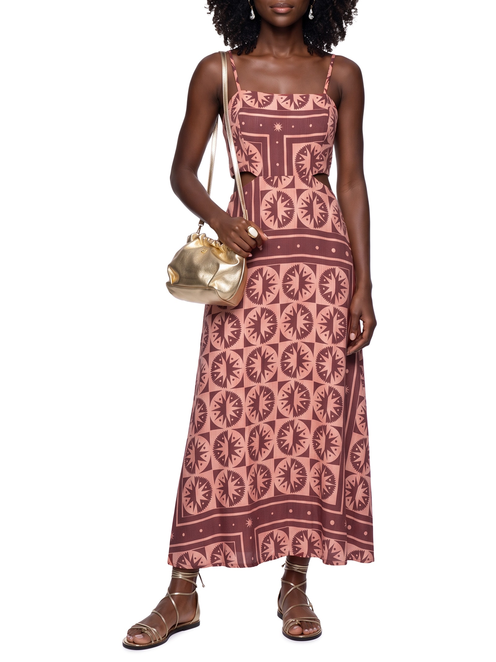 Vestido Midi Estampado Recortes Marrom Cacay