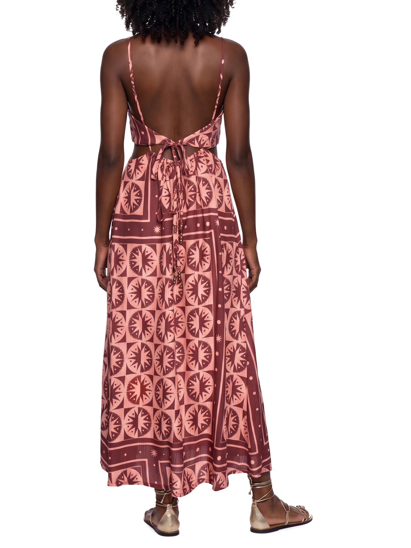 Vestido Midi Estampado Recortes Marrom Cacay
