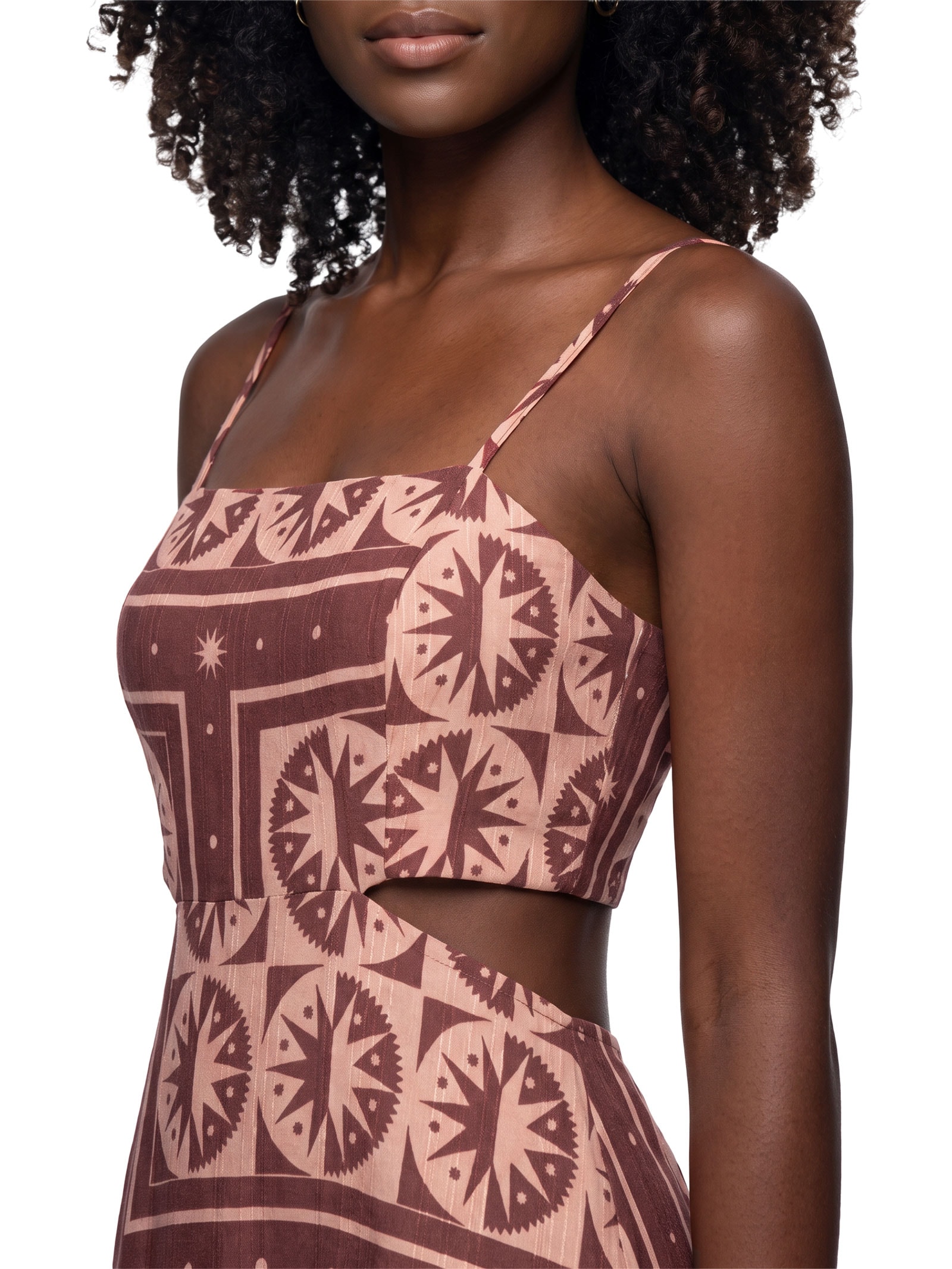 Vestido Midi Estampado Recortes Marrom Cacay