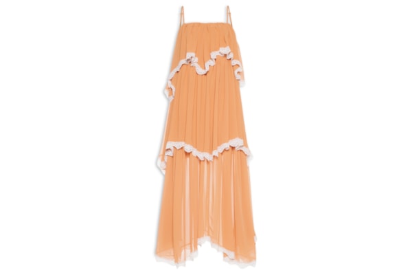 Vestido Midi Evasê Com Babados Aplicados - Bege