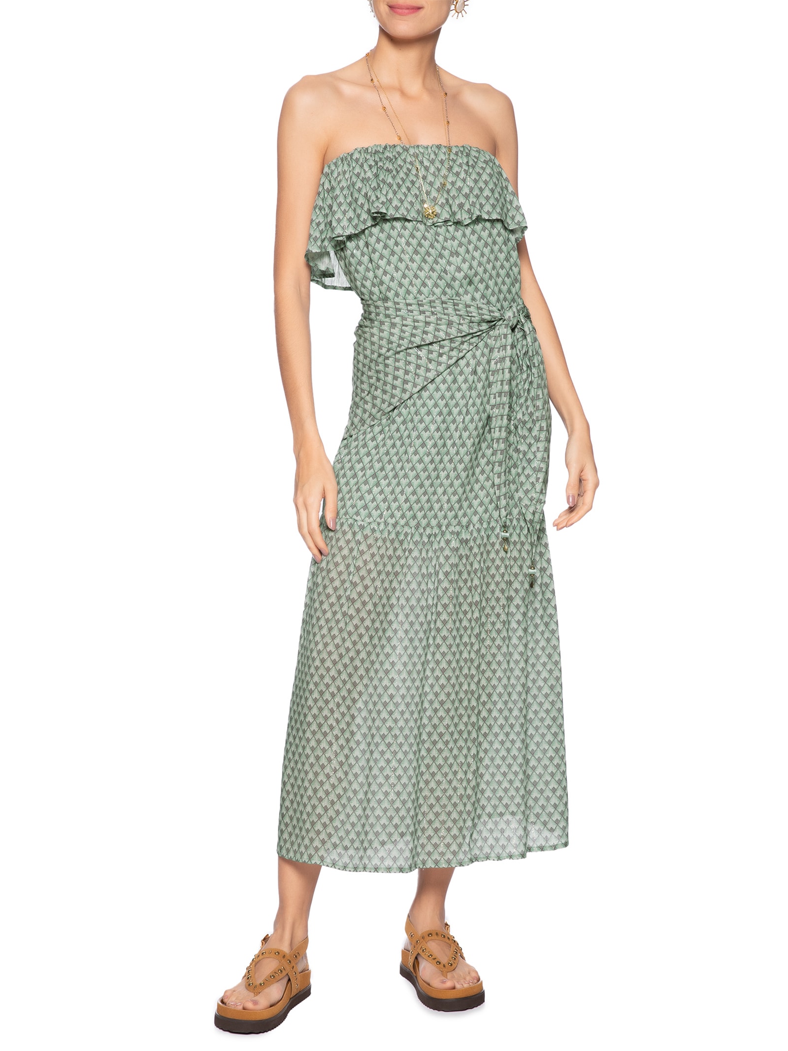 Vestido Midi Faixa Estampada Pacco Verde Maria Filó