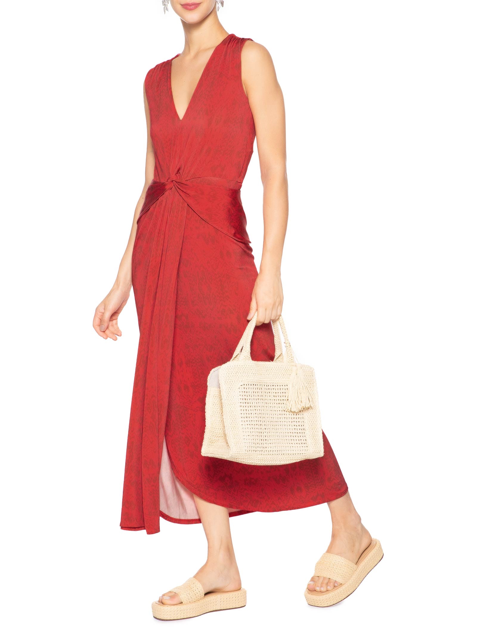 Vestido Midi Fenda E Pala Franzida Vermelho Cia Marítima