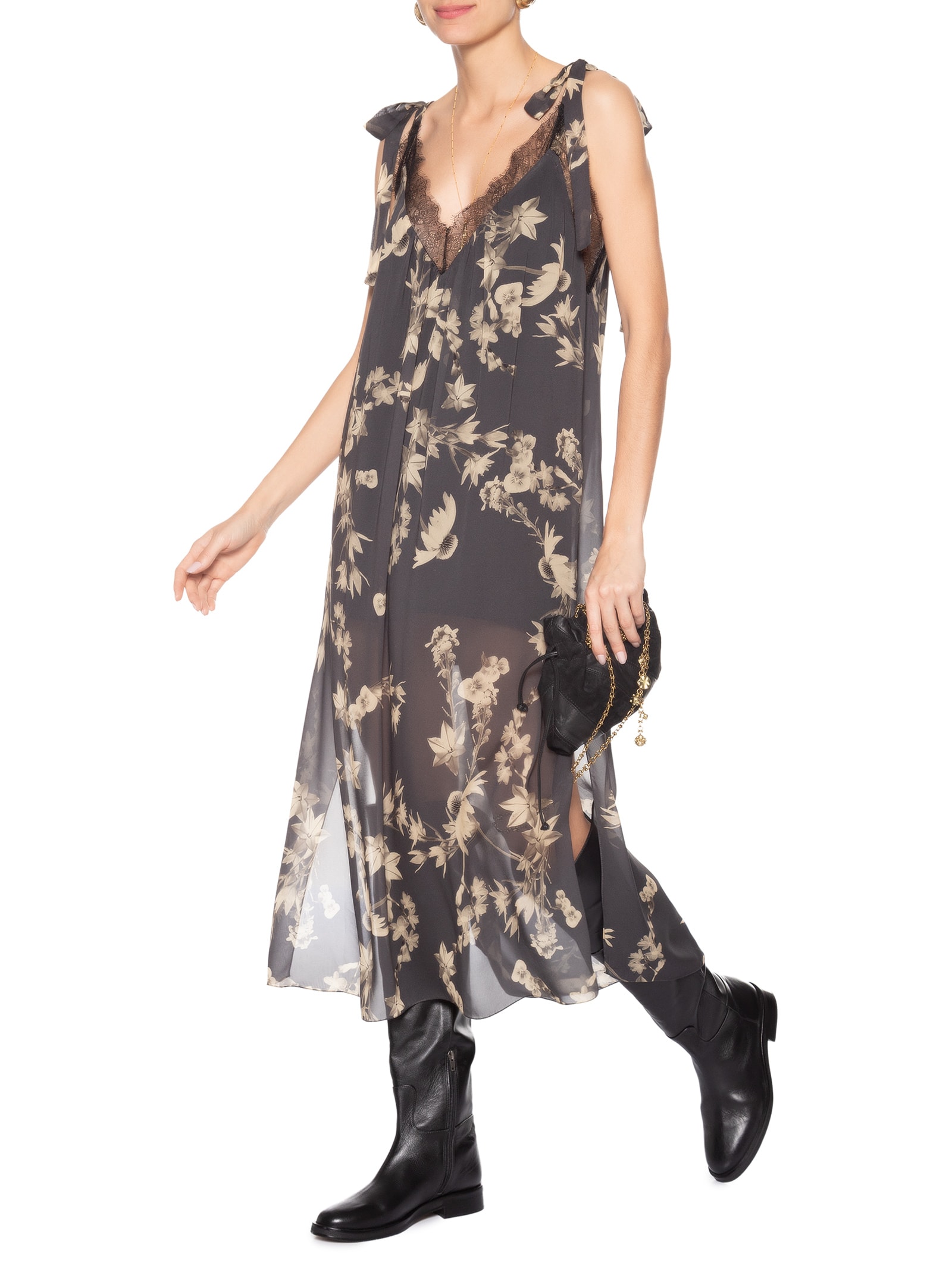Vestido Midi Floral Sépia Preto Animale