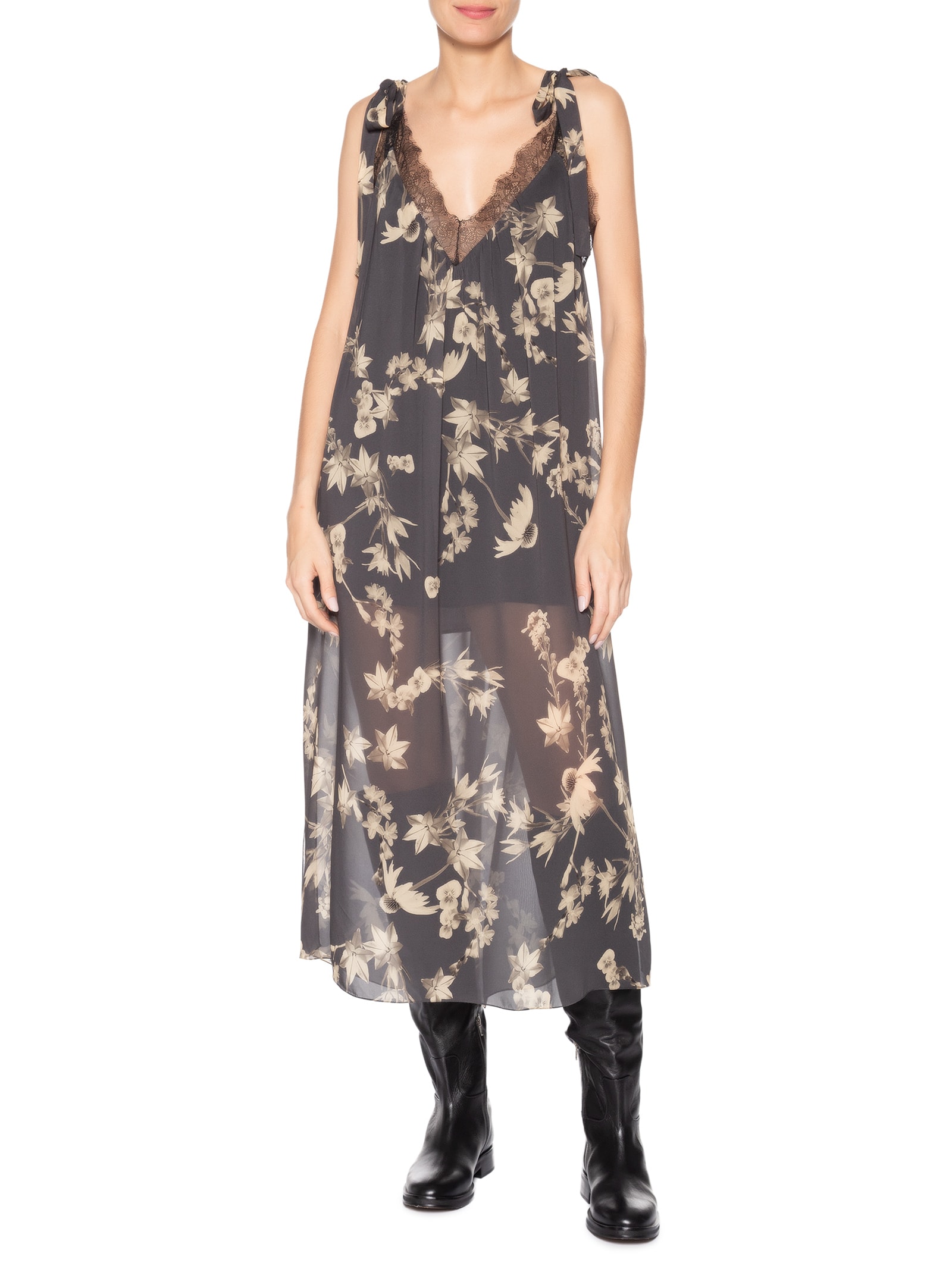 Vestido Midi Floral Sépia Preto Animale