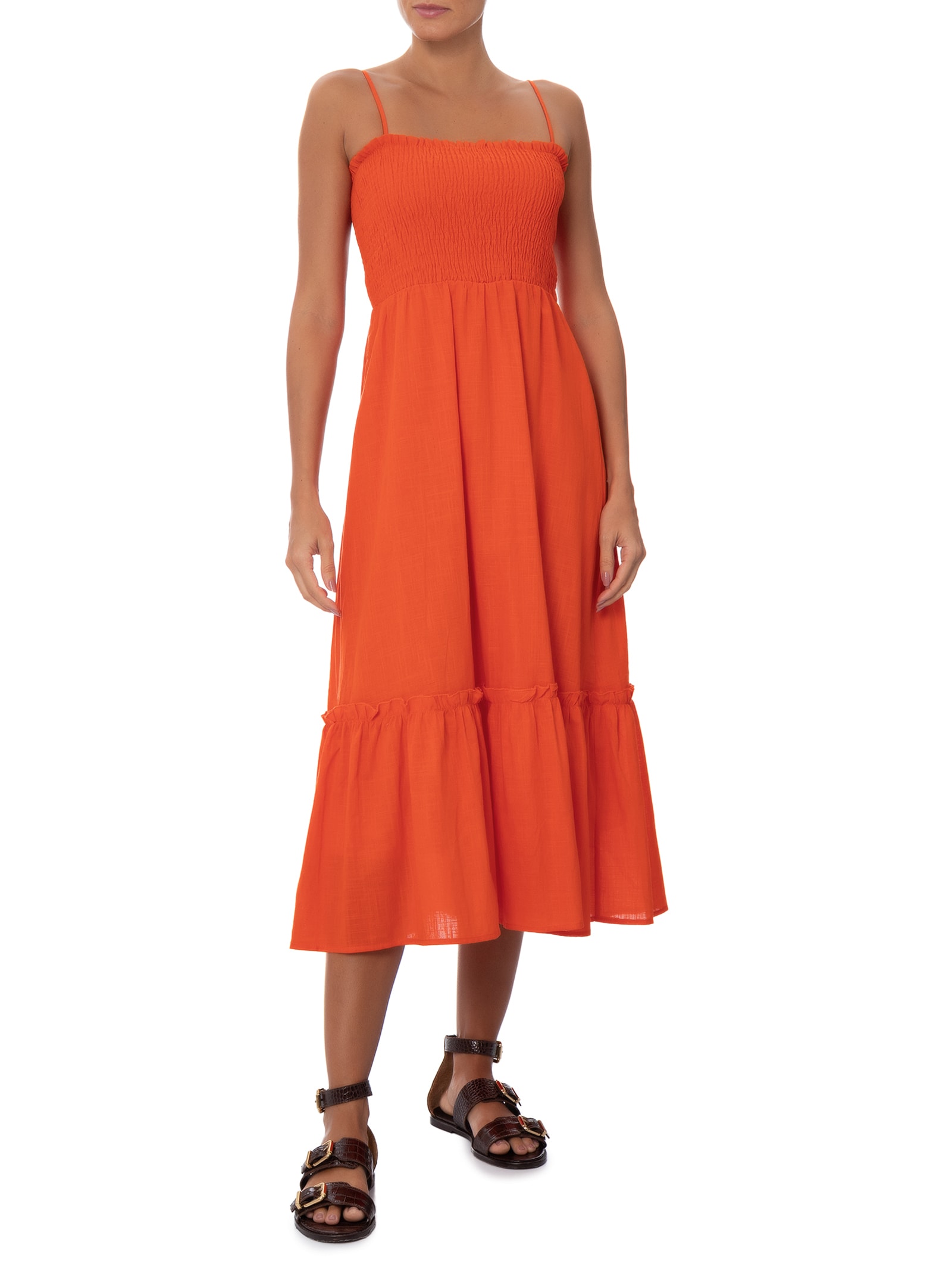 Vestido Midi Fluido Com Lastex Laranja Basiq