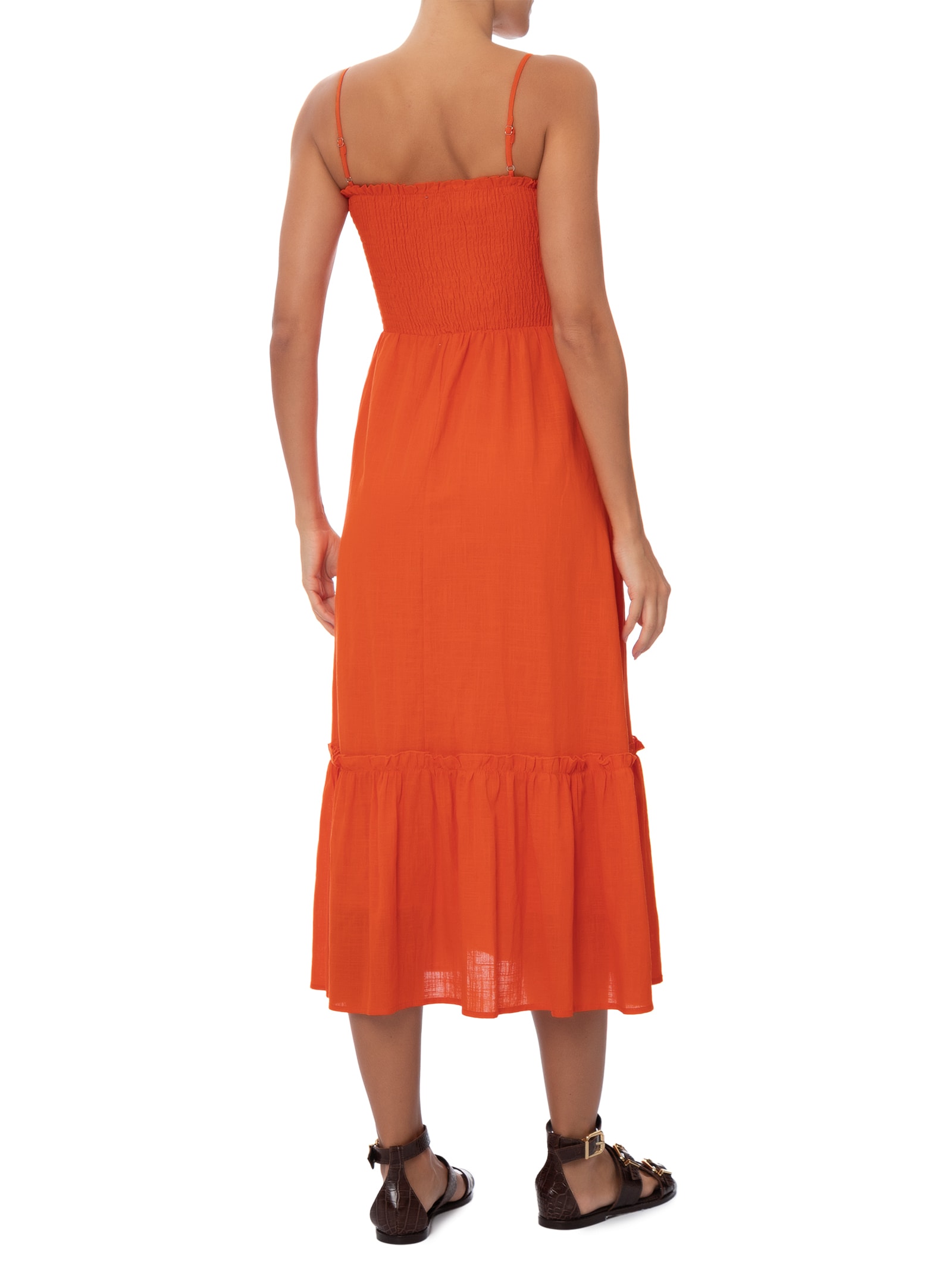 Vestido Midi Fluido Com Lastex Laranja Basiq