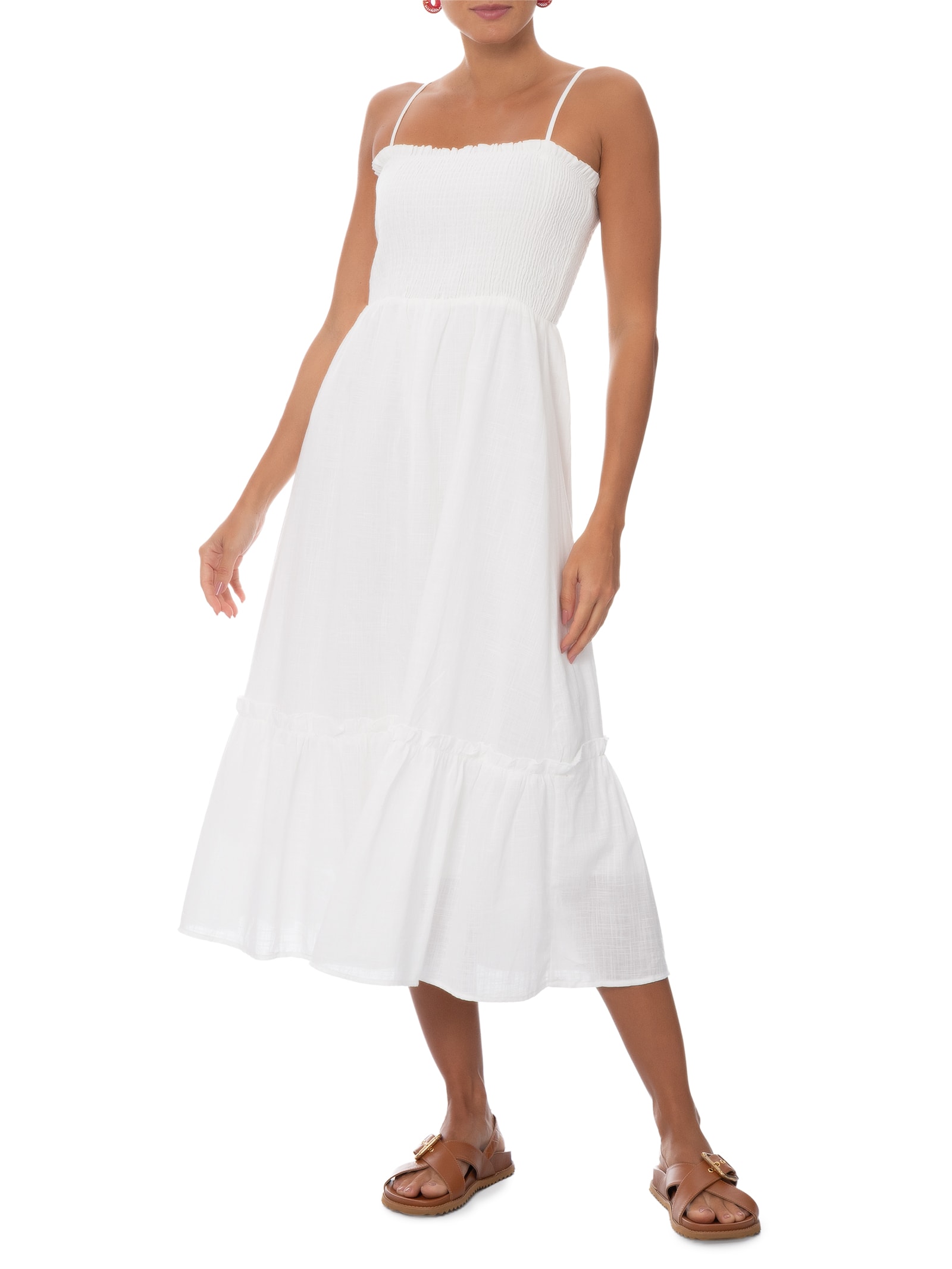 Vestido Midi Fluido Com Lastex Off White Basiq
