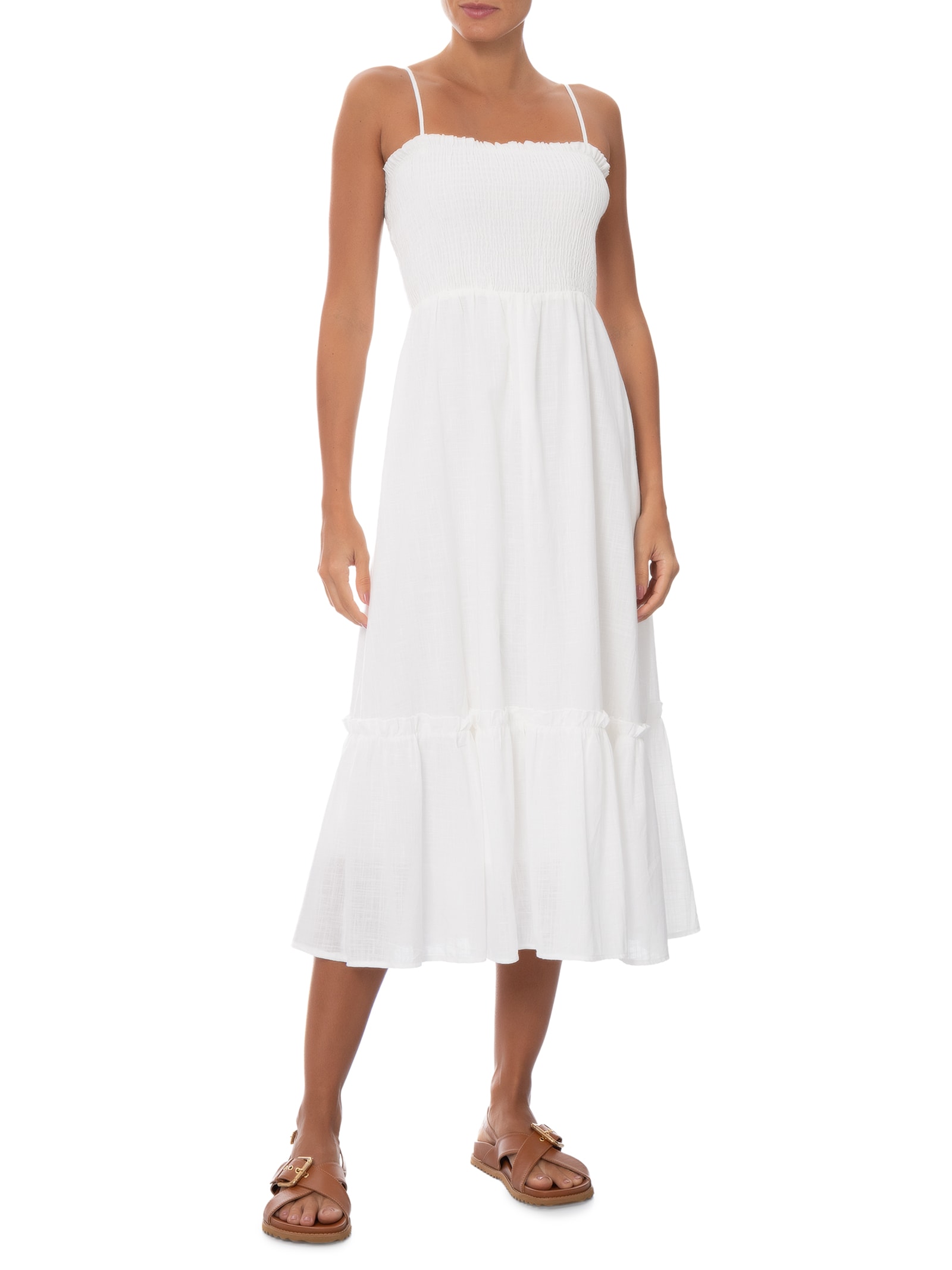 Vestido Midi Fluido Com Lastex Off White Basiq