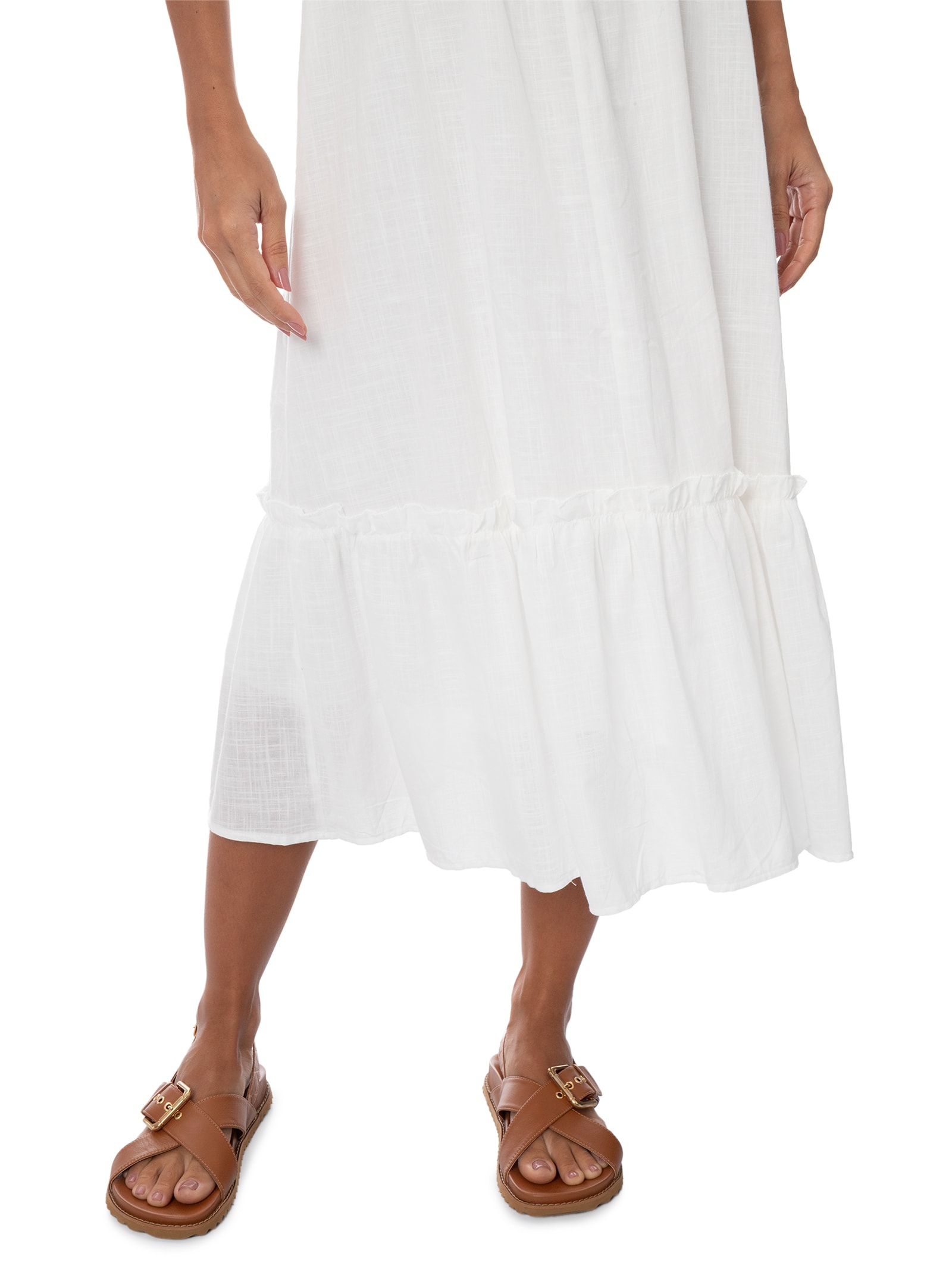 Vestido Midi Fluido Com Lastex Off White Basiq