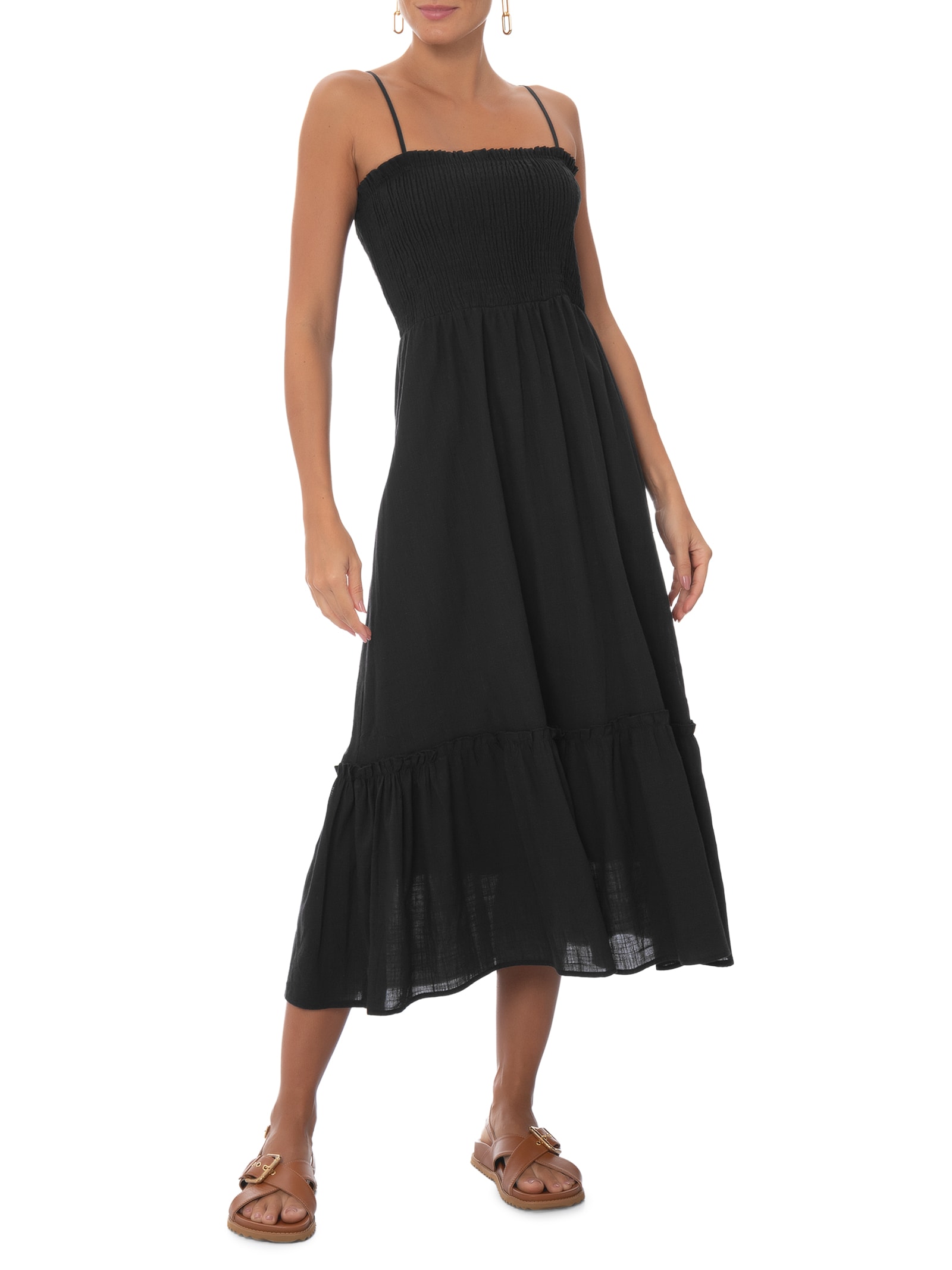 Vestido Midi Fluido Com Lastex Preto Basiq