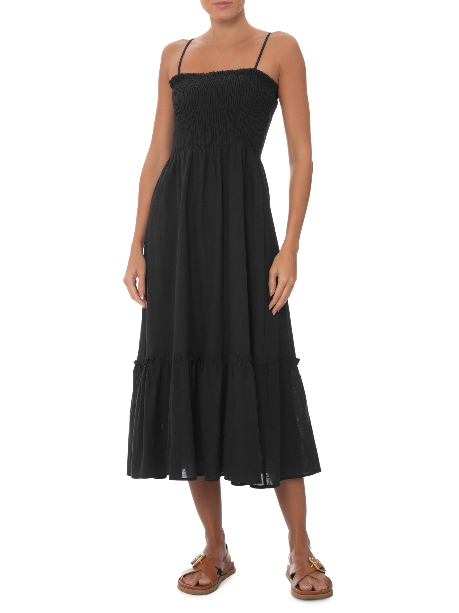 Vestido Midi Fluido Com Lastex Preto Basiq