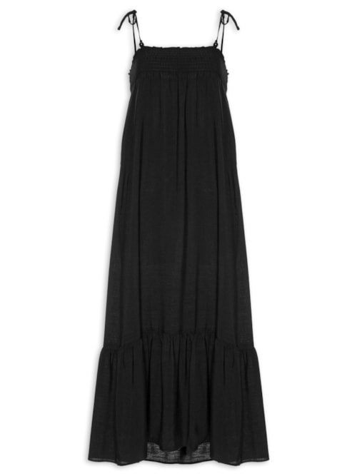 Vestido Midi Franzido Com Miçangas - Preto
