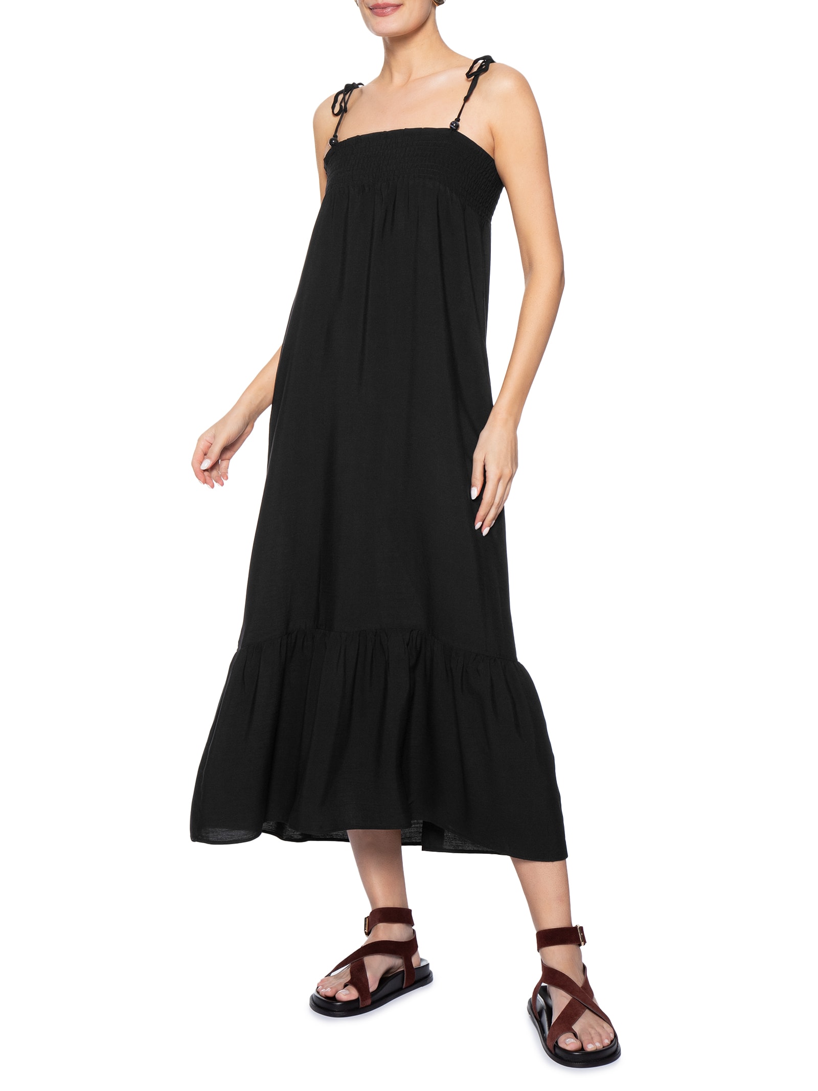 Vestido Midi Franzido Com Miçangas Preto Basiq