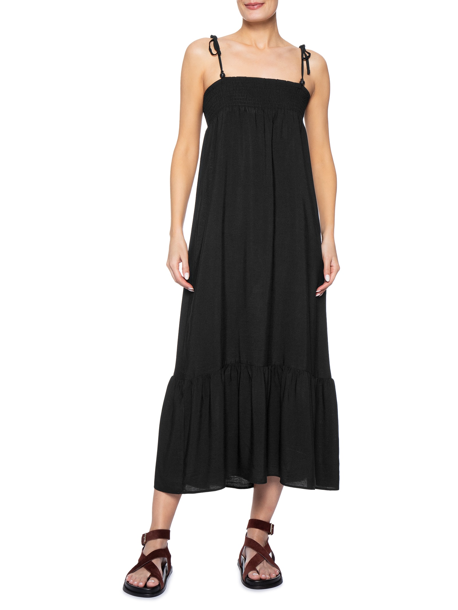 Vestido Midi Franzido Com Miçangas Preto Basiq