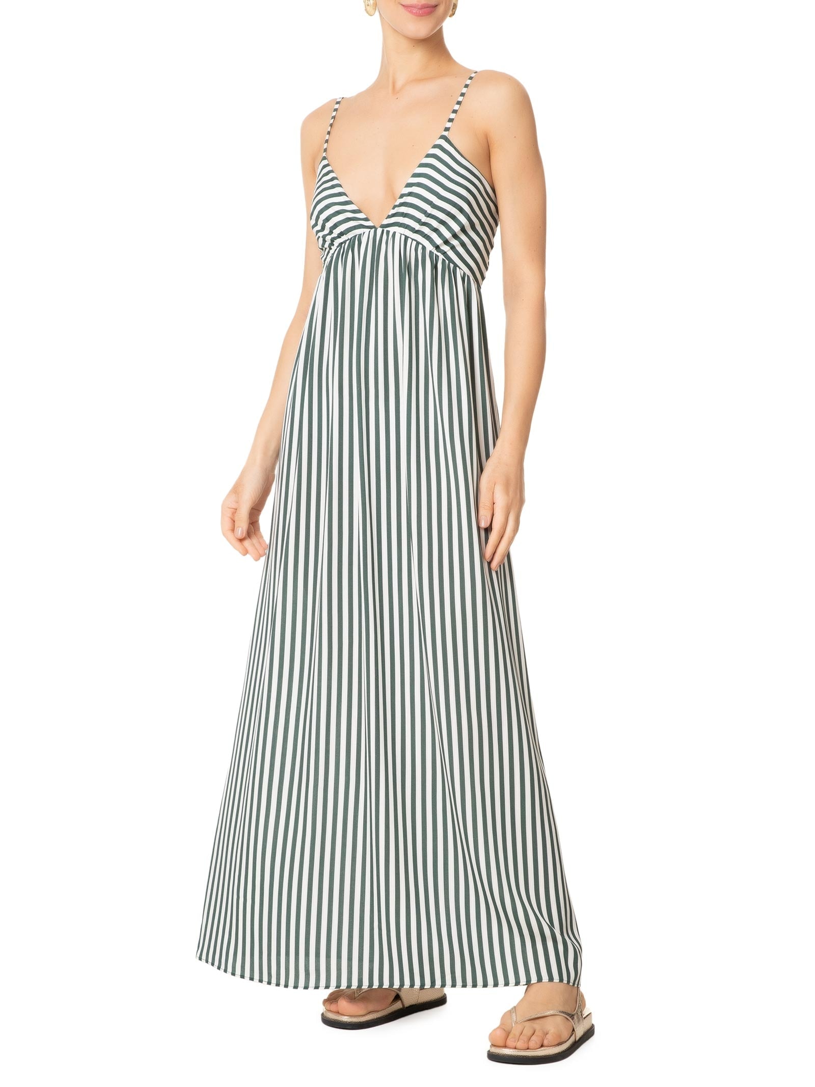 Vestido Midi Franzido Listrado Verde '2Essential