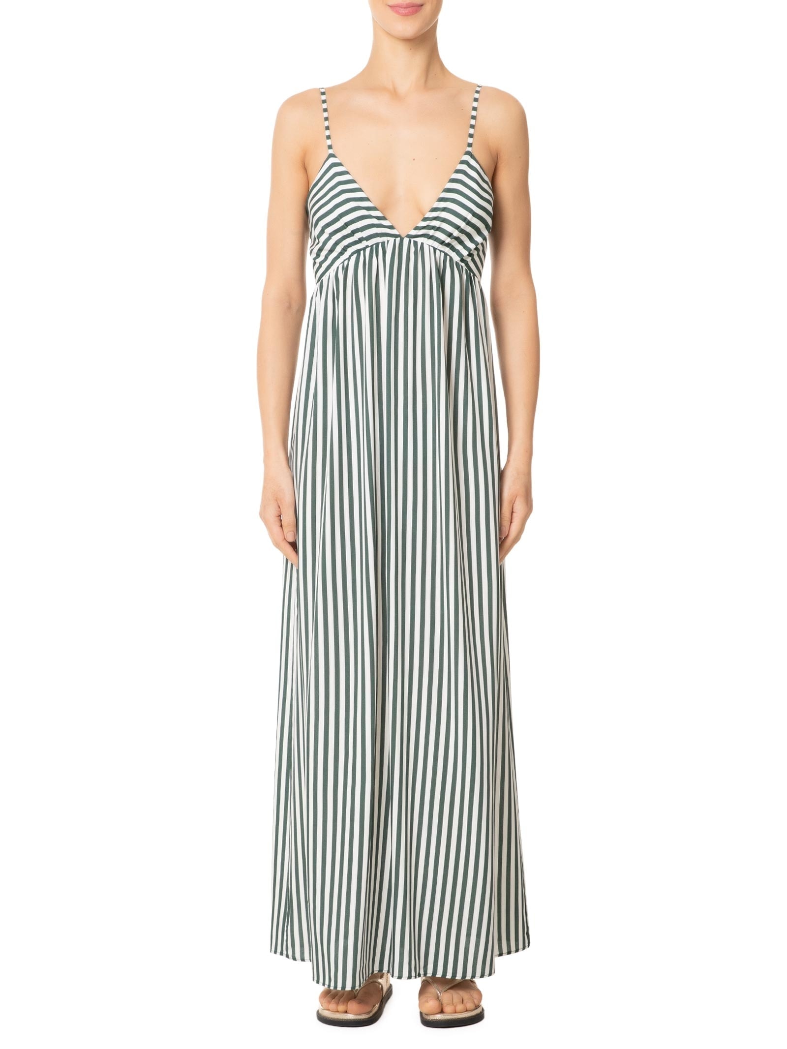 Vestido Midi Franzido Listrado Verde '2Essential