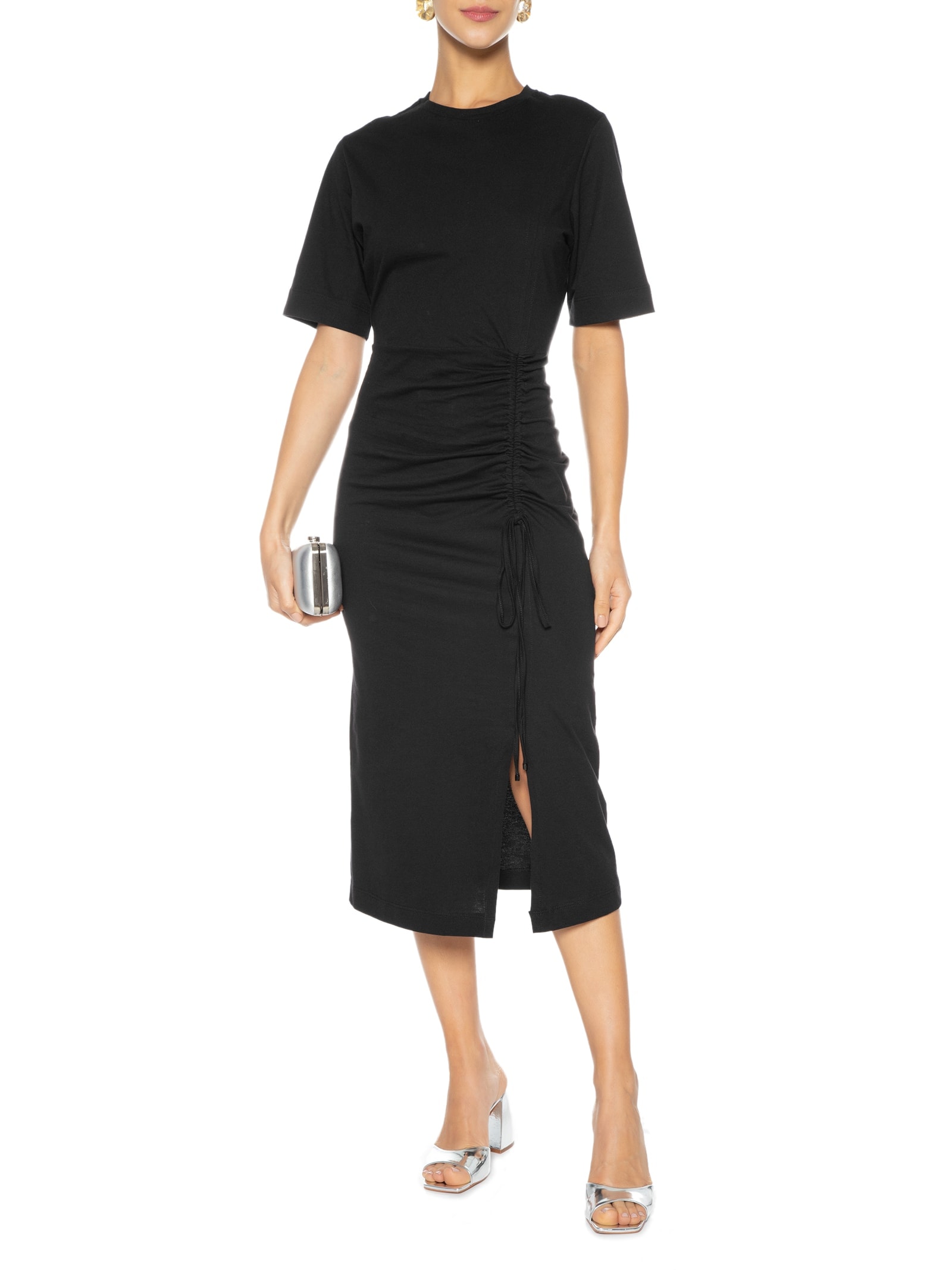 Vestido Midi Franzido Preto Animale