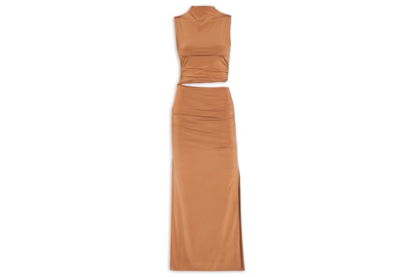 Vestido Midi Franzidos Cut Jersey - Marrom