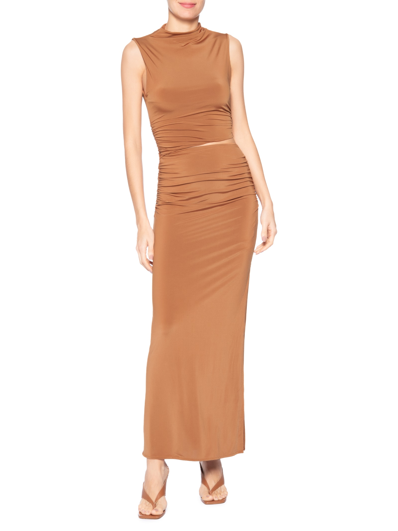 Vestido Midi Franzidos Cut Jersey Marrom Animale