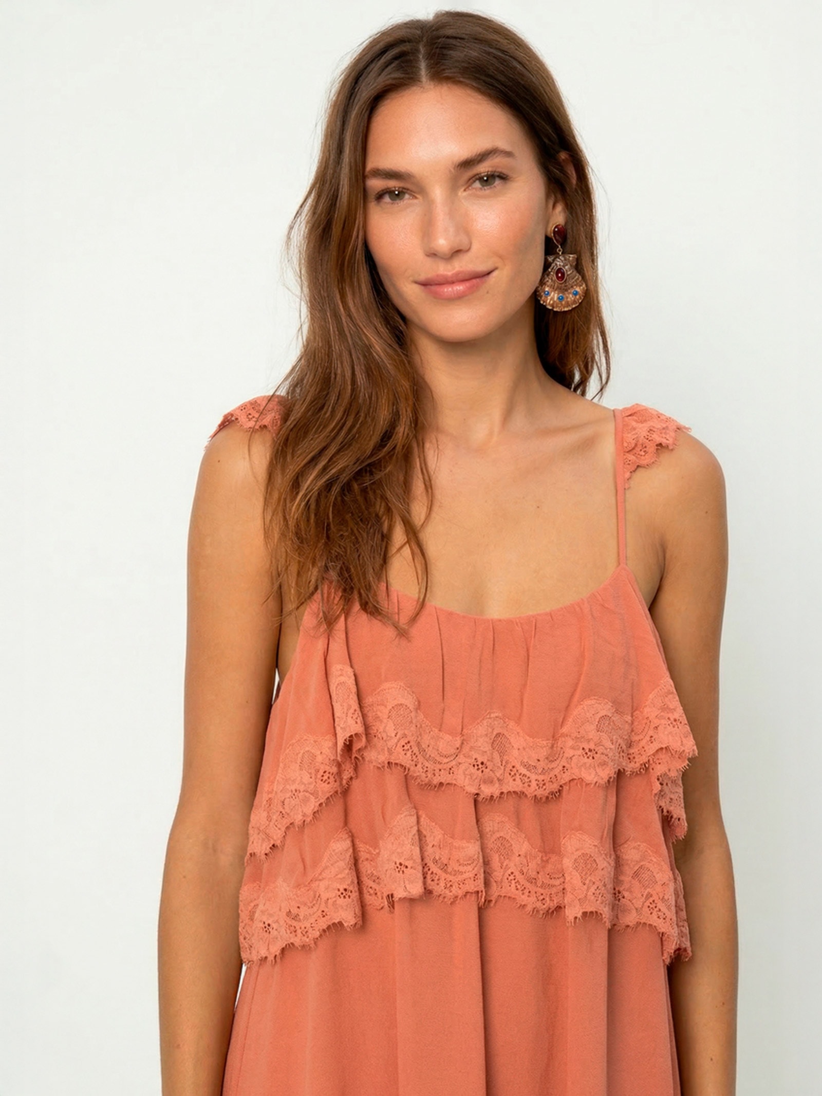 Vestido Midi Ggt Babado Renda Rosa Maria Filó