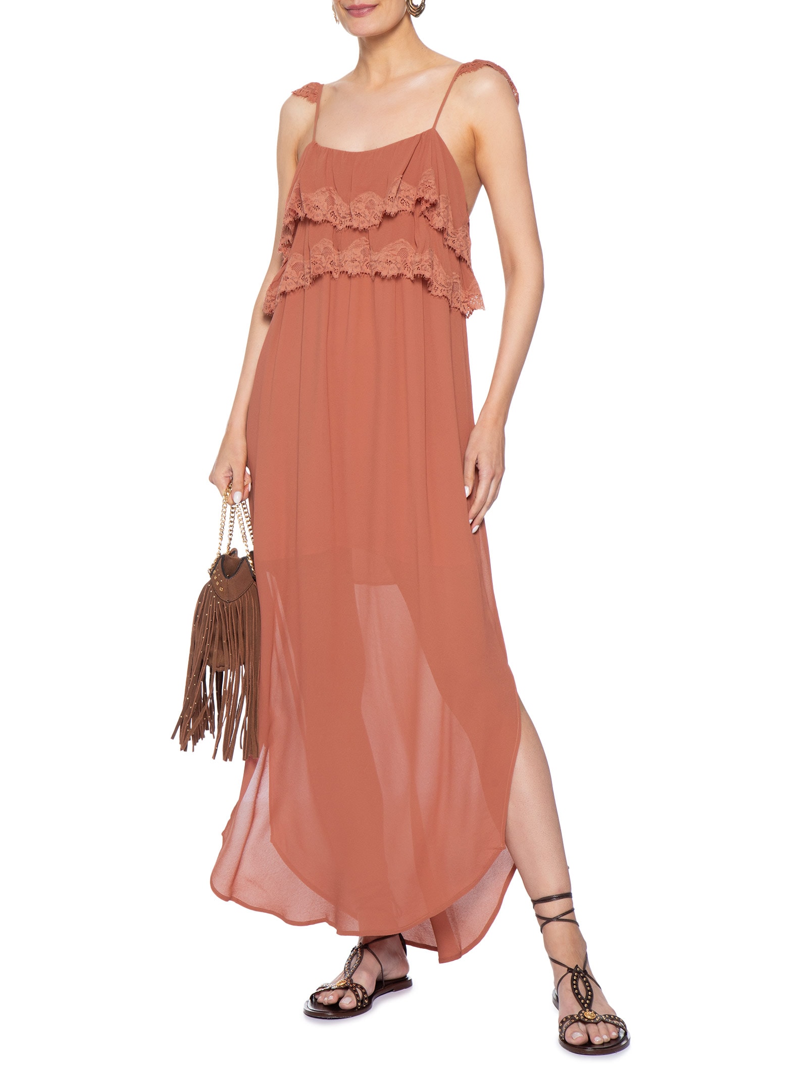 Vestido Midi Ggt Babado Renda Rosa Maria Filó