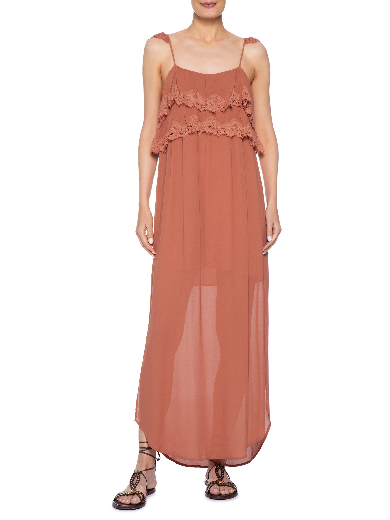 Vestido Midi Ggt Babado Renda Rosa Maria Filó