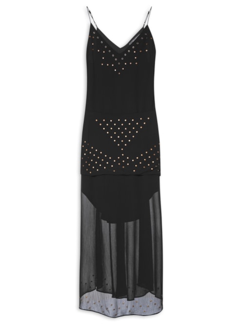 Vestido Midi GGT Bordado Ilhos E Tachas - Preto