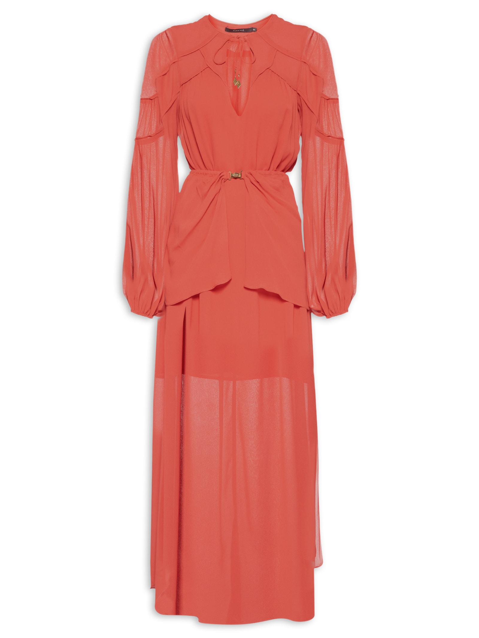 Vestido Midi Ggt Recortes Franzidos Vermelho Maria Filó