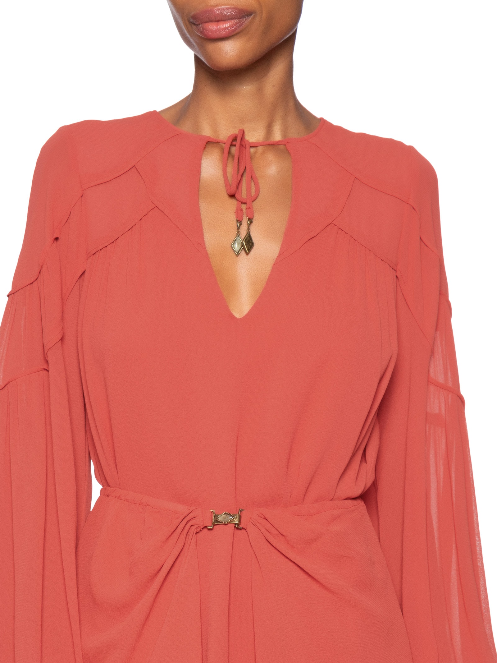 Vestido Midi Ggt Recortes Franzidos Vermelho Maria Filó