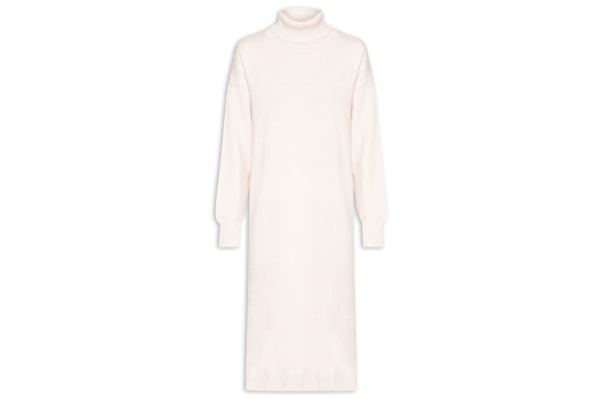 Vestido Midi Gola Alta em Tricot - Bege