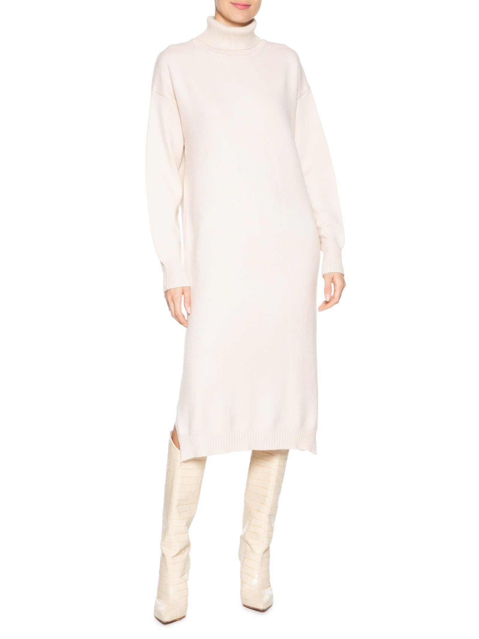 Vestido Midi Gola Alta em Tricot Bege '2Essential