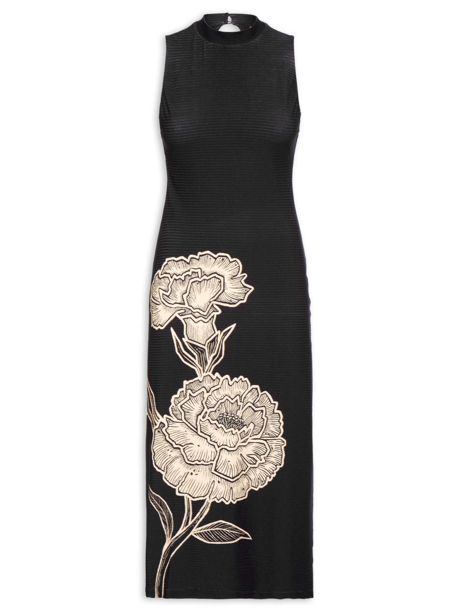 Vestido Midi Gola Alta Jardim de Cordel – Preto Farm